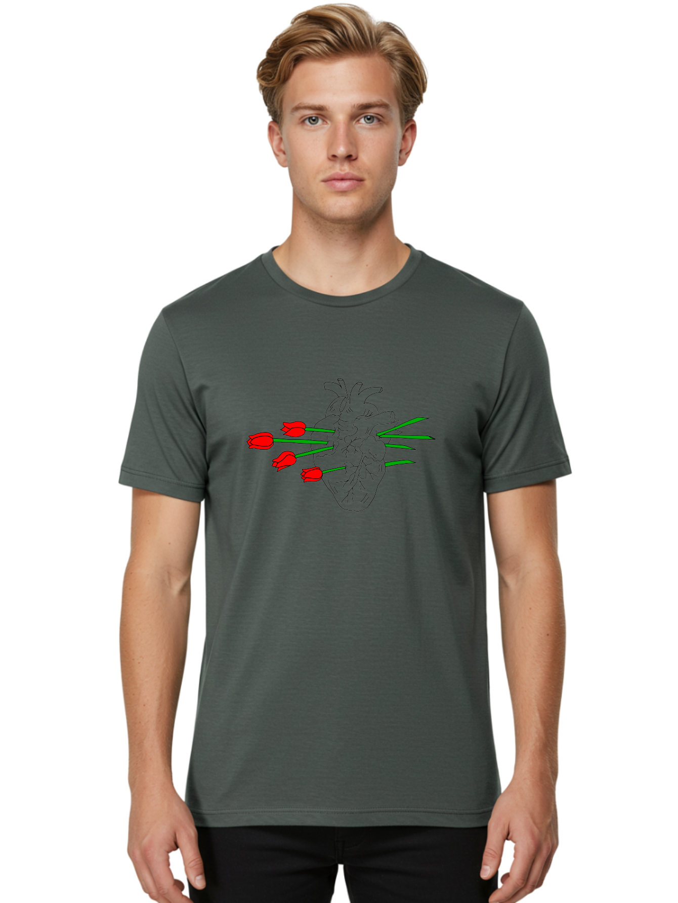 Heart-With-Tulips Men'S Graphic Tee, 100% Cotton, Comfortable Casual Summer Wear, Machine Washable, Human Heart, Anatomical Illustration, Tulips, Red Flowers, Daggers, Piercing, Love, Pain, Beauty, Contrast, Symbolic Art, - Aaa052