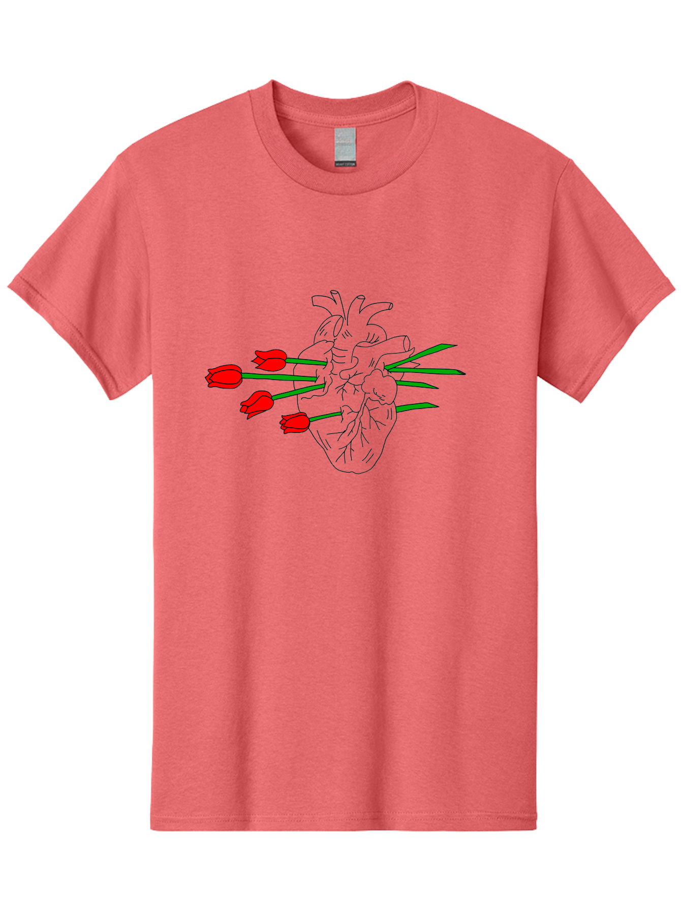 Heart-With-Tulips Men'S Graphic Tee, 100% Cotton, Comfortable Casual Summer Wear, Machine Washable, Human Heart, Anatomical Illustration, Tulips, Red Flowers, Daggers, Piercing, Love, Pain, Beauty, Contrast, Symbolic Art, - Aaa052