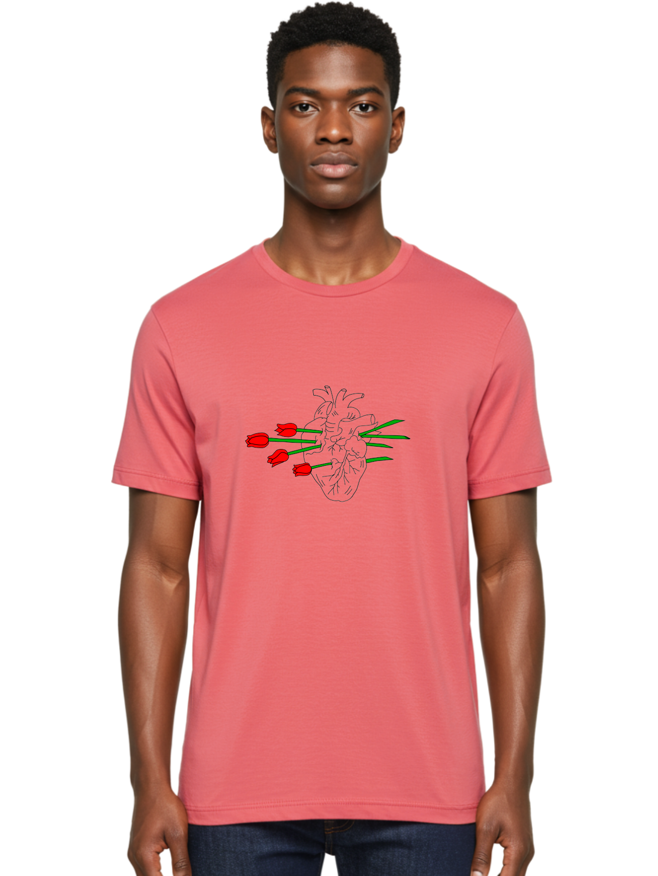 Heart-With-Tulips Men'S Graphic Tee, 100% Cotton, Comfortable Casual Summer Wear, Machine Washable, Human Heart, Anatomical Illustration, Tulips, Red Flowers, Daggers, Piercing, Love, Pain, Beauty, Contrast, Symbolic Art, - Aaa052