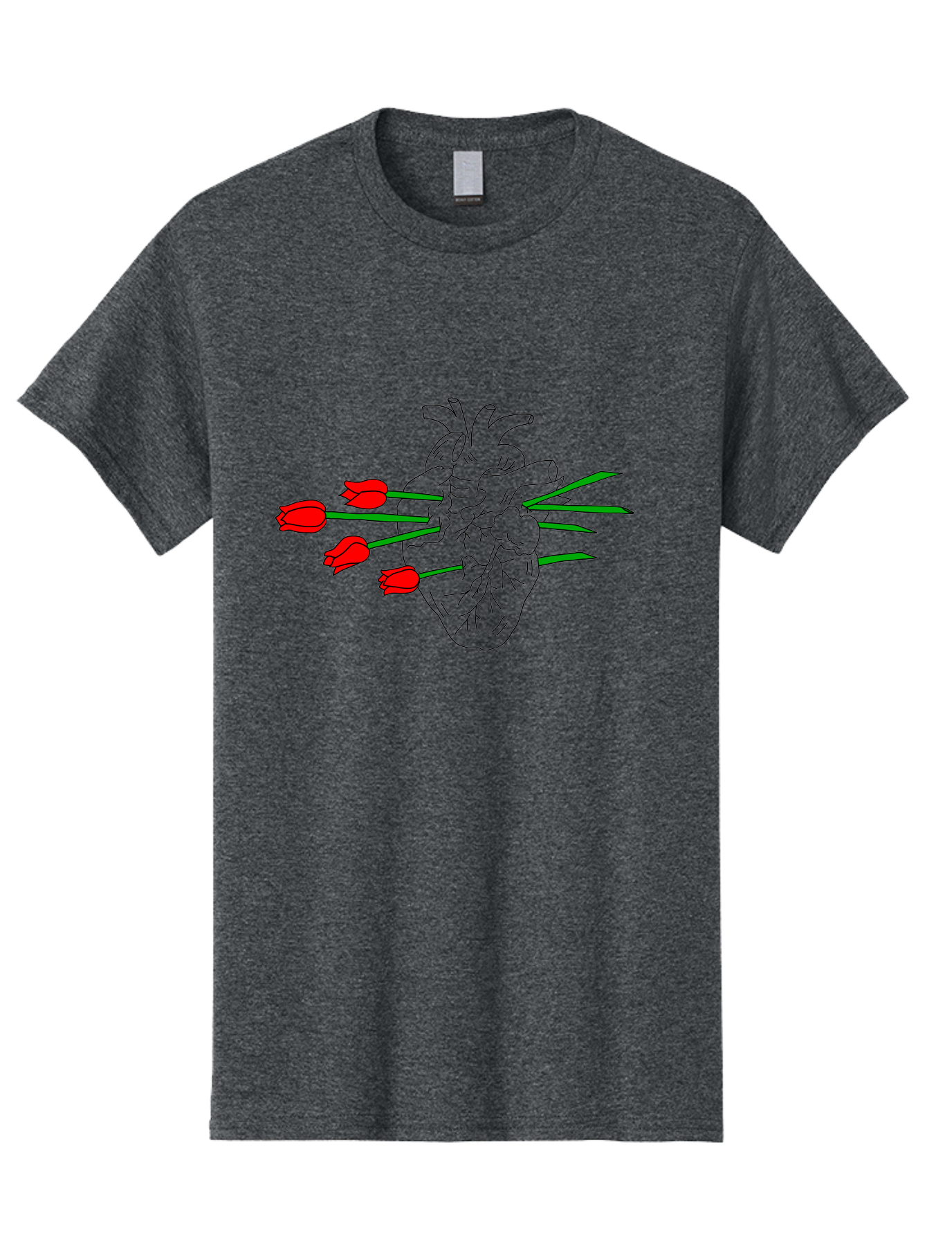 Heart-With-Tulips Men'S Graphic Tee, 100% Cotton, Comfortable Casual Summer Wear, Machine Washable, Human Heart, Anatomical Illustration, Tulips, Red Flowers, Daggers, Piercing, Love, Pain, Beauty, Contrast, Symbolic Art, - Aaa052