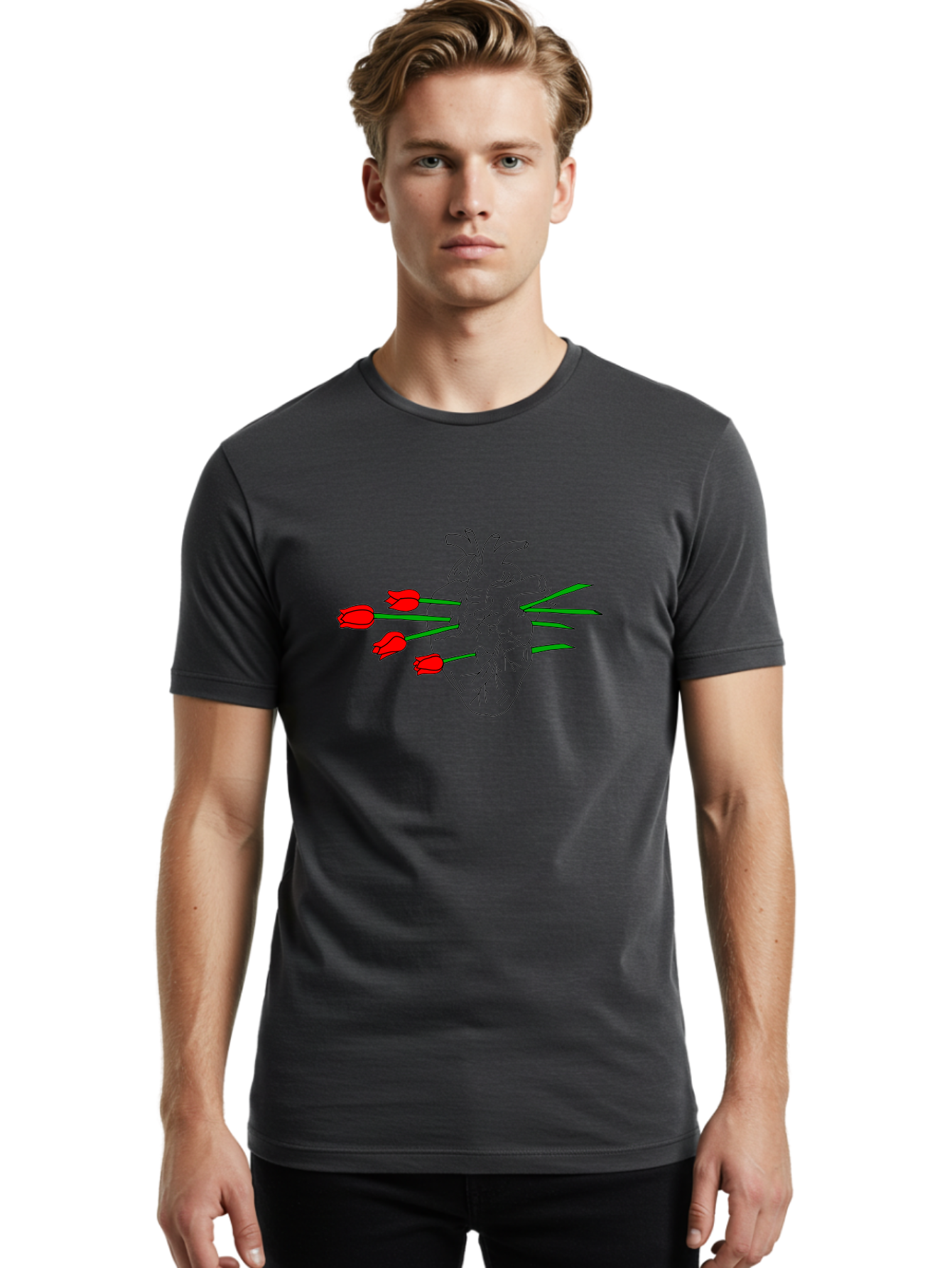 Heart-With-Tulips Men'S Graphic Tee, 100% Cotton, Comfortable Casual Summer Wear, Machine Washable, Human Heart, Anatomical Illustration, Tulips, Red Flowers, Daggers, Piercing, Love, Pain, Beauty, Contrast, Symbolic Art, - Aaa052