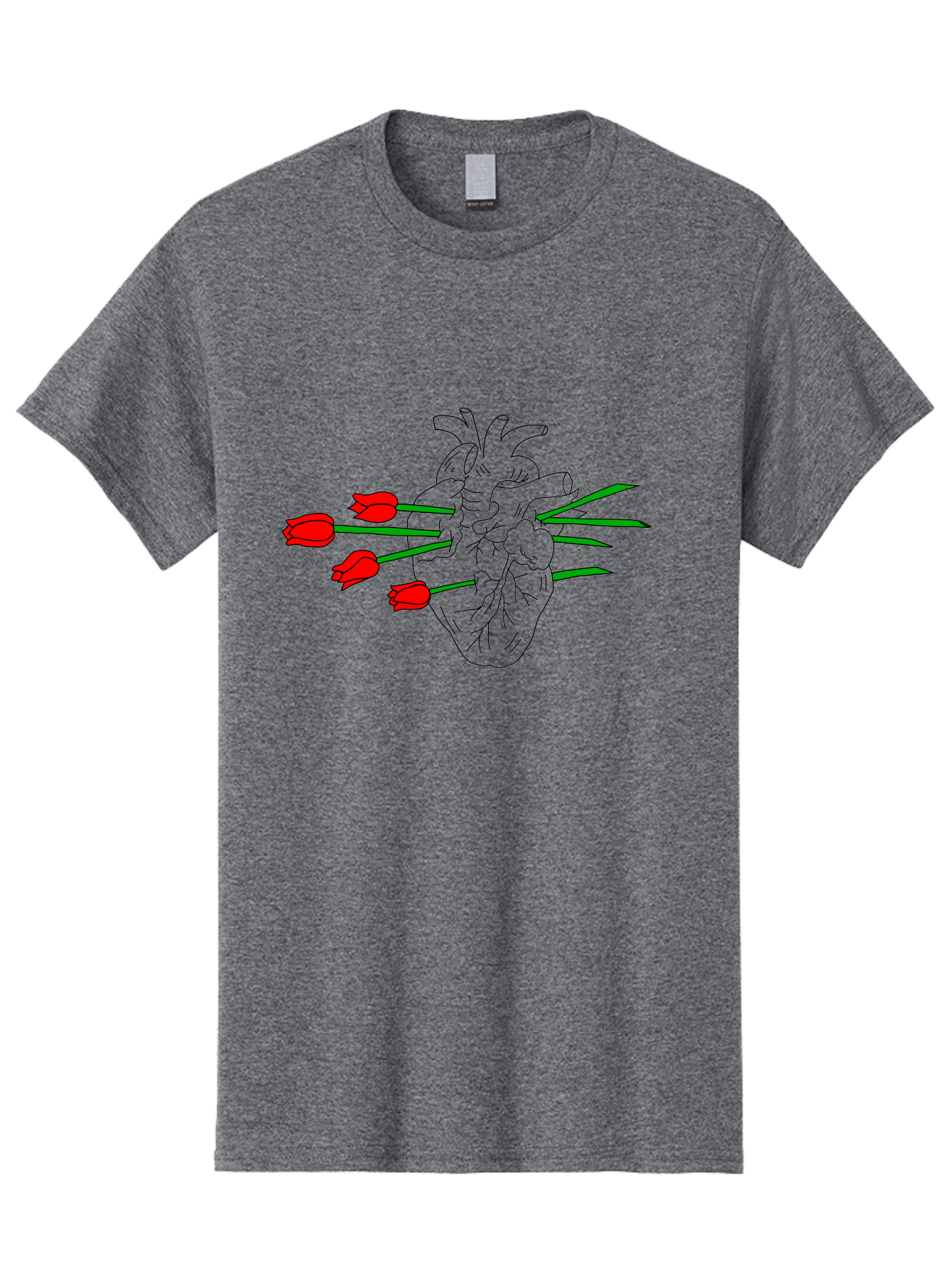 Heart-With-Tulips Men'S Graphic Tee, 100% Cotton, Comfortable Casual Summer Wear, Machine Washable, Human Heart, Anatomical Illustration, Tulips, Red Flowers, Daggers, Piercing, Love, Pain, Beauty, Contrast, Symbolic Art, - Aaa052