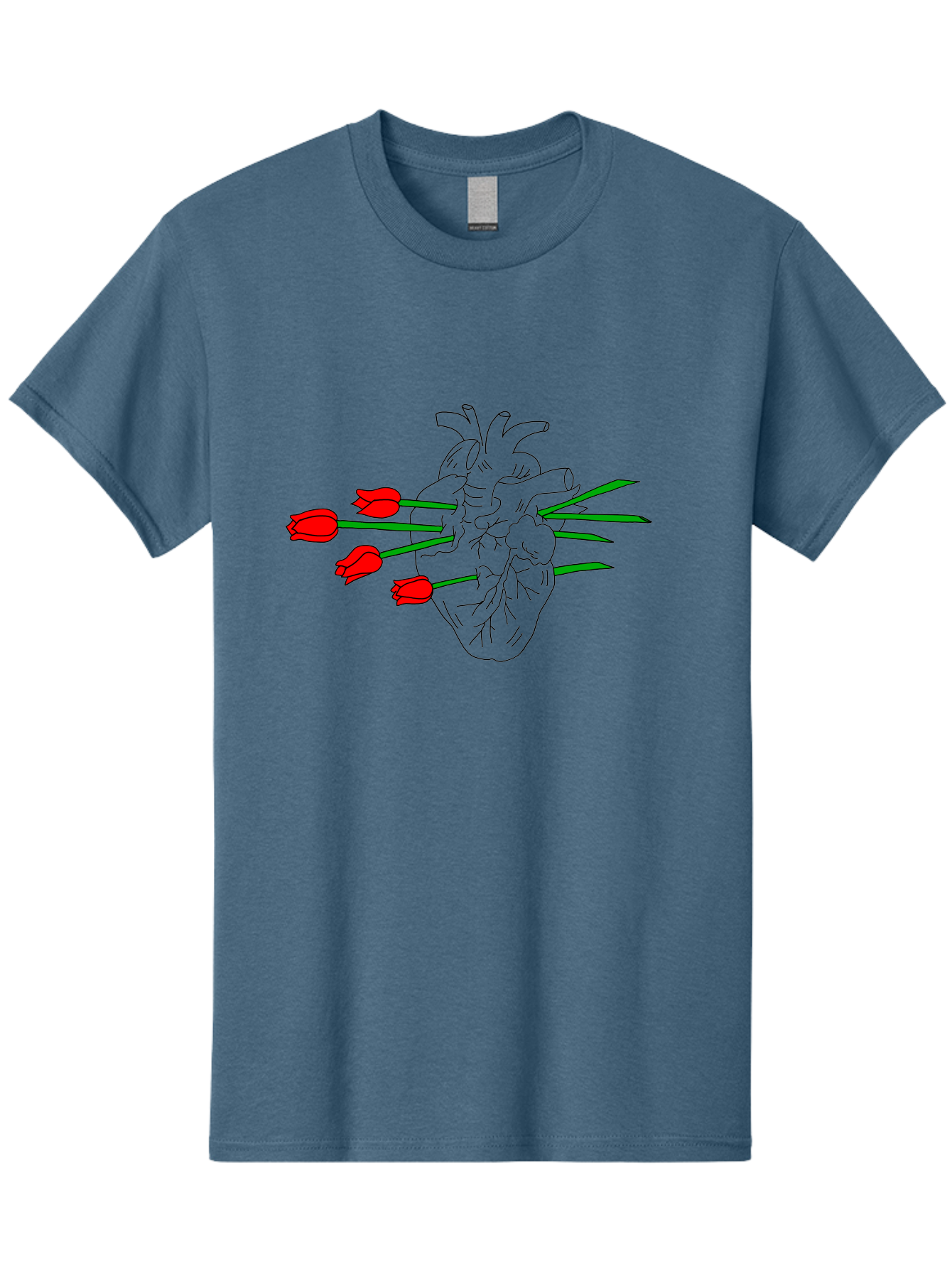 Heart-With-Tulips Men'S Graphic Tee, 100% Cotton, Comfortable Casual Summer Wear, Machine Washable, Human Heart, Anatomical Illustration, Tulips, Red Flowers, Daggers, Piercing, Love, Pain, Beauty, Contrast, Symbolic Art, - Aaa052