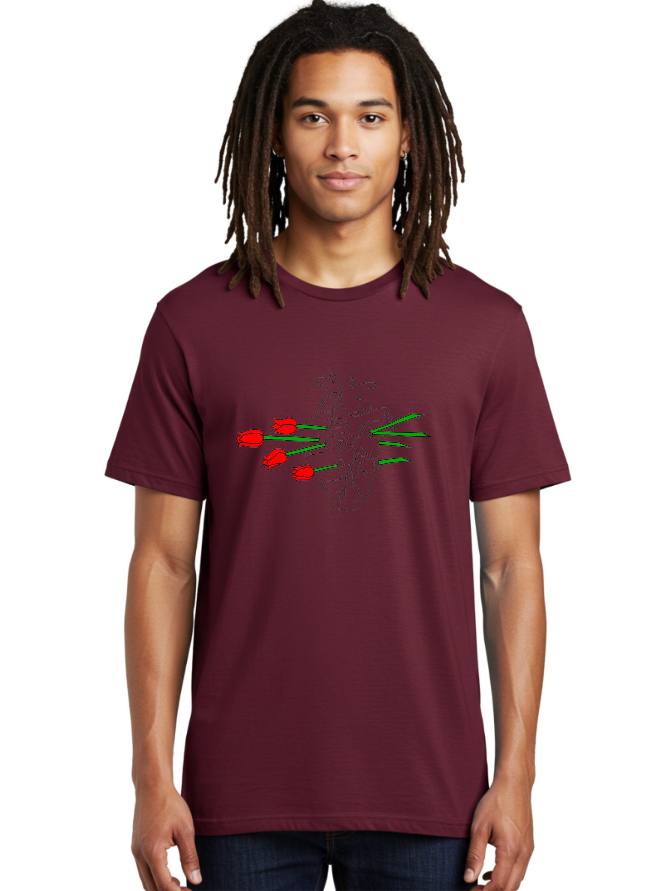 Heart-With-Tulips Men'S Graphic Tee, 100% Cotton, Comfortable Casual Summer Wear, Machine Washable, Human Heart, Anatomical Illustration, Tulips, Red Flowers, Daggers, Piercing, Love, Pain, Beauty, Contrast, Symbolic Art, - Aaa052