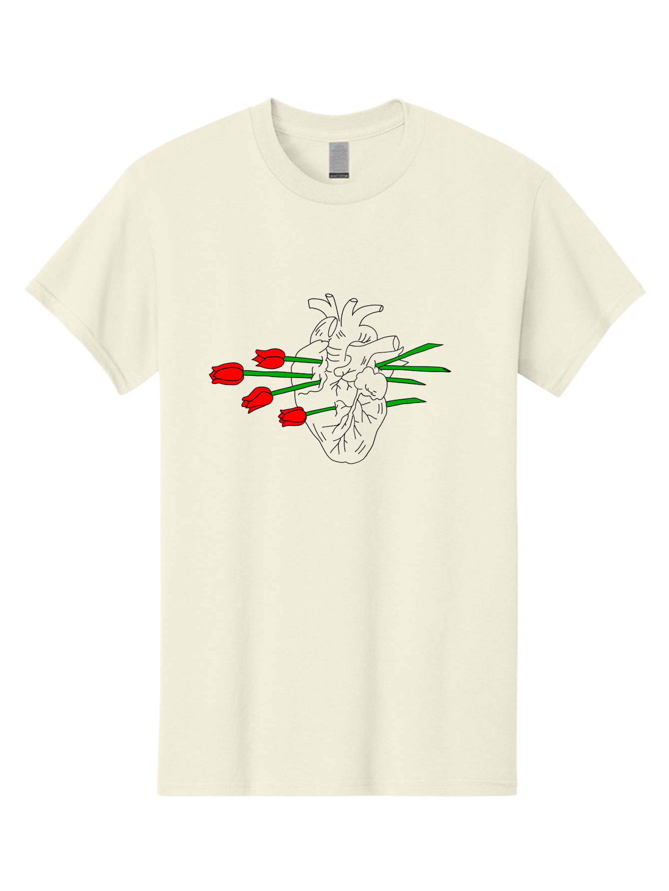 Heart-With-Tulips Men'S Graphic Tee, 100% Cotton, Comfortable Casual Summer Wear, Machine Washable, Human Heart, Anatomical Illustration, Tulips, Red Flowers, Daggers, Piercing, Love, Pain, Beauty, Contrast, Symbolic Art, - Aaa052