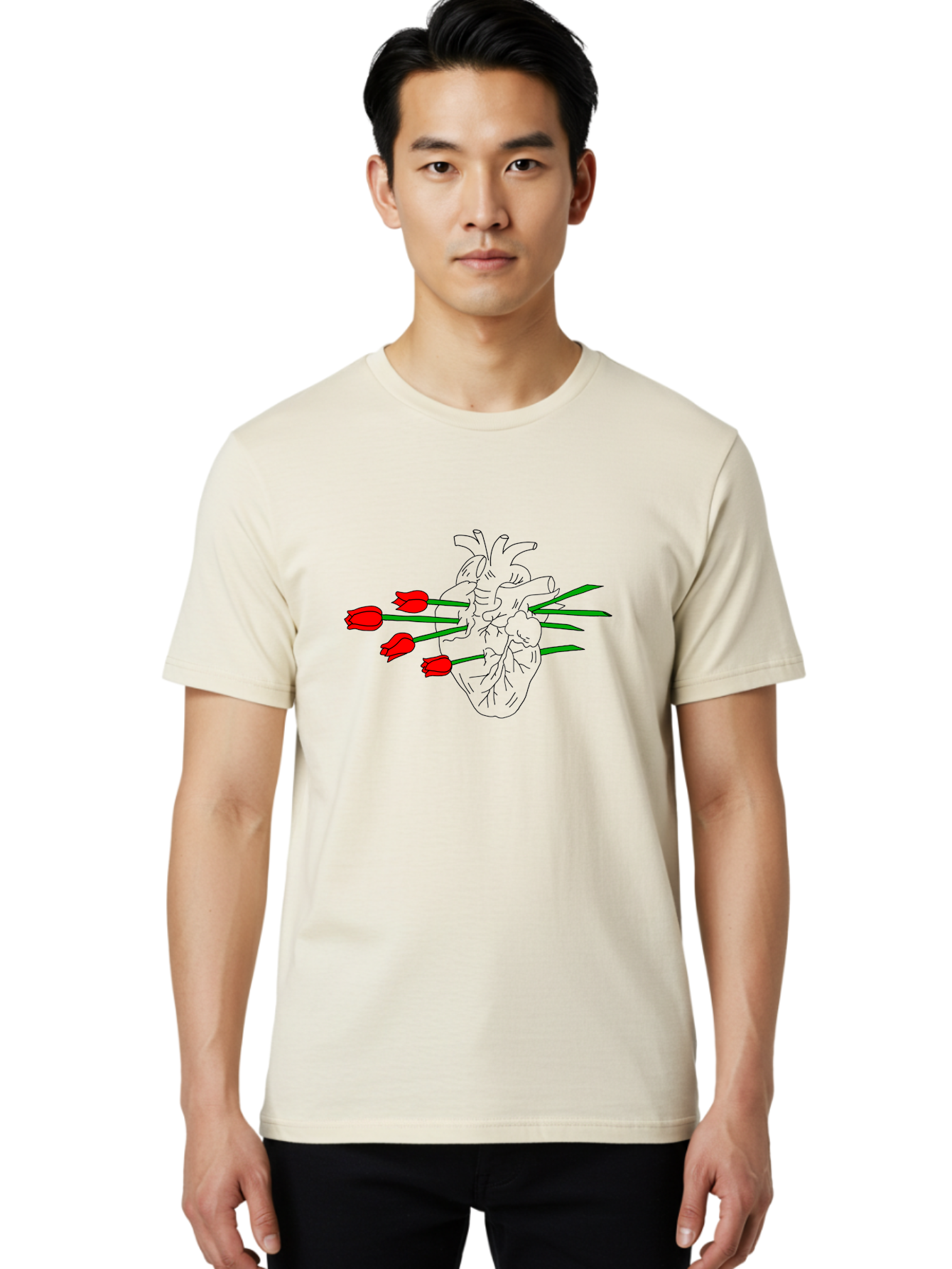 Heart-With-Tulips Men'S Graphic Tee, 100% Cotton, Comfortable Casual Summer Wear, Machine Washable, Human Heart, Anatomical Illustration, Tulips, Red Flowers, Daggers, Piercing, Love, Pain, Beauty, Contrast, Symbolic Art, - Aaa052