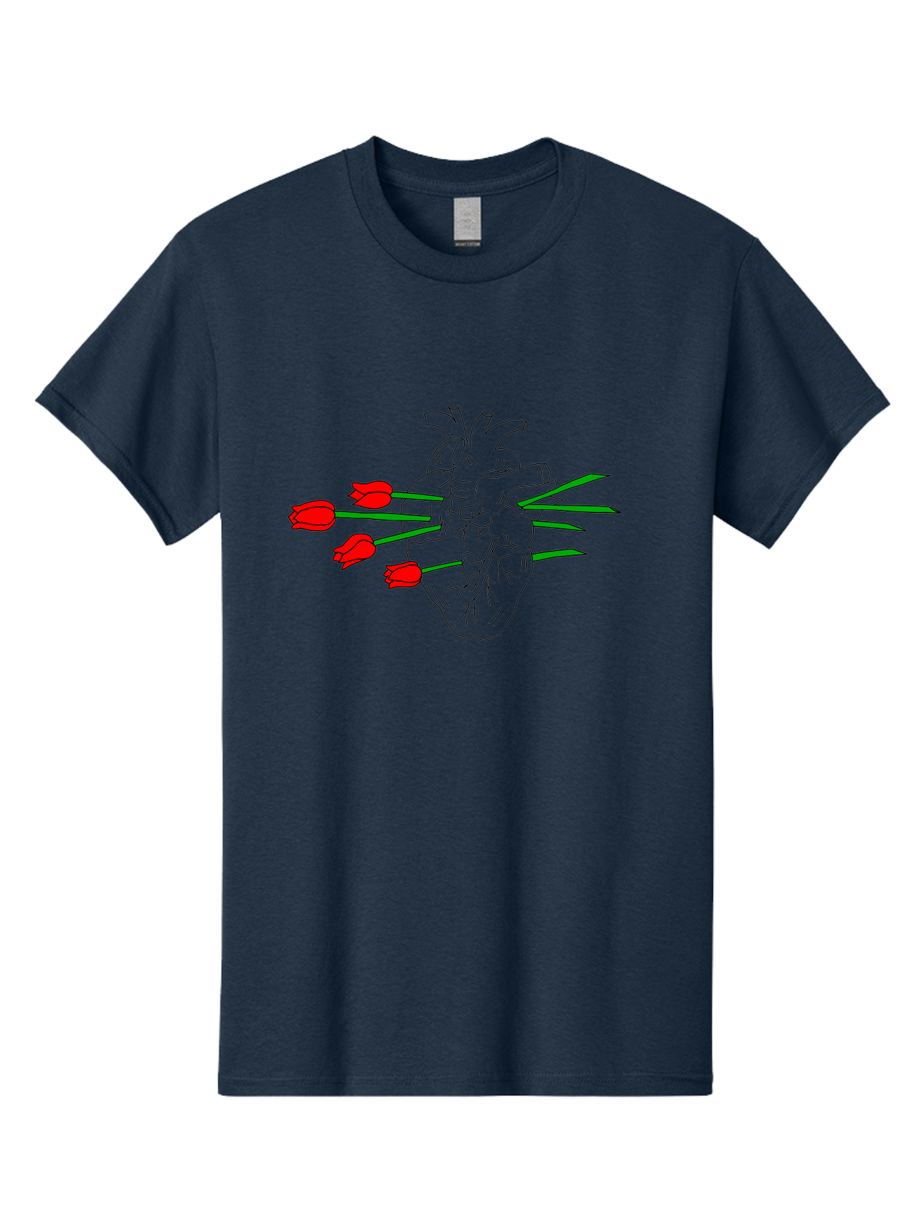Heart-With-Tulips Men'S Graphic Tee, 100% Cotton, Comfortable Casual Summer Wear, Machine Washable, Human Heart, Anatomical Illustration, Tulips, Red Flowers, Daggers, Piercing, Love, Pain, Beauty, Contrast, Symbolic Art, - Aaa052