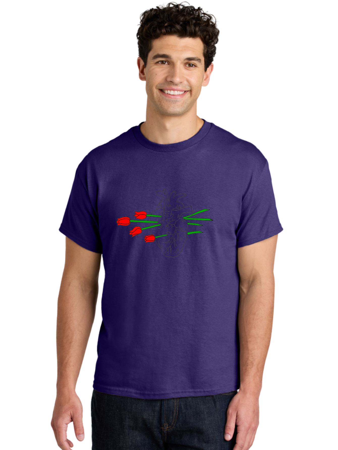 Heart-With-Tulips Men'S Graphic Tee, 100% Cotton, Comfortable Casual Summer Wear, Machine Washable, Human Heart, Anatomical Illustration, Tulips, Red Flowers, Daggers, Piercing, Love, Pain, Beauty, Contrast, Symbolic Art, - Aaa052