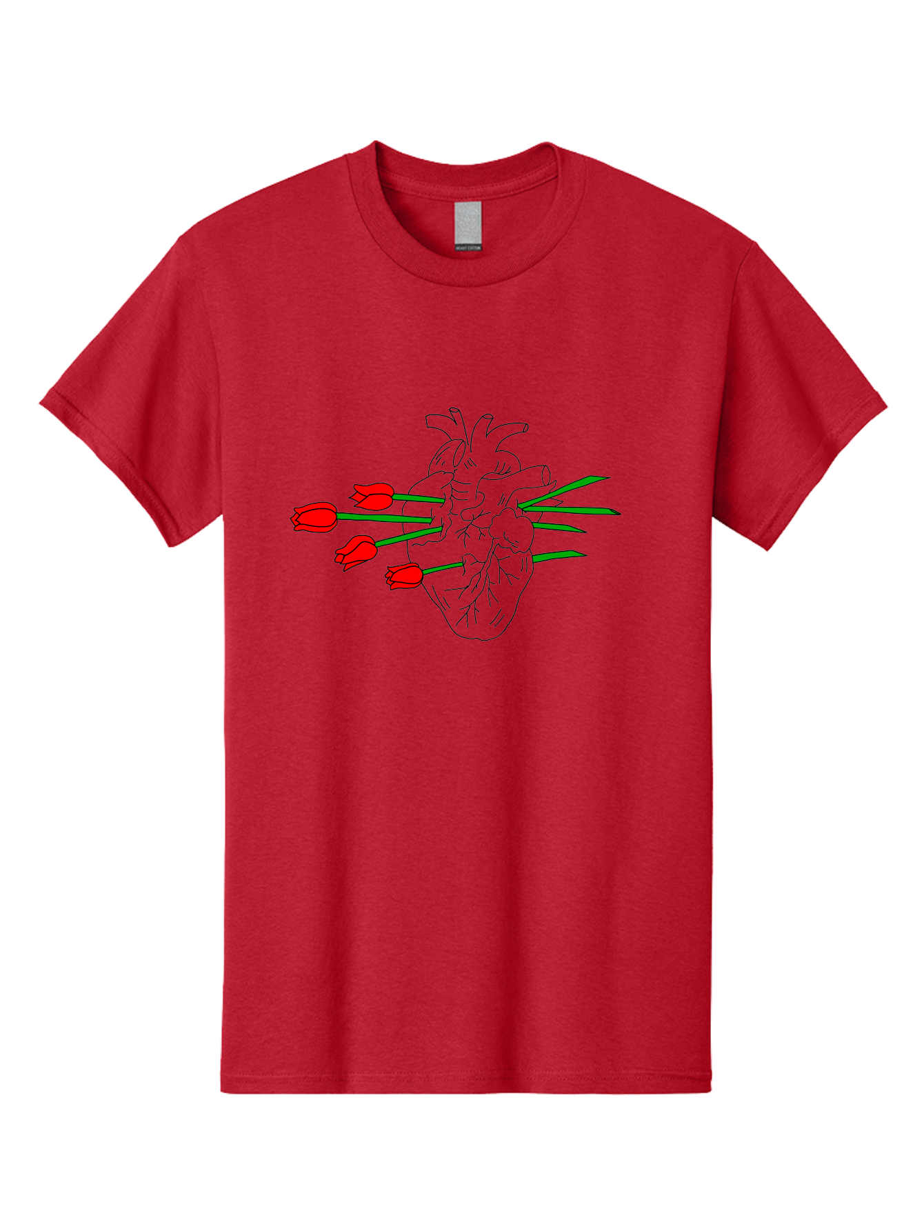 Heart-With-Tulips Men'S Graphic Tee, 100% Cotton, Comfortable Casual Summer Wear, Machine Washable, Human Heart, Anatomical Illustration, Tulips, Red Flowers, Daggers, Piercing, Love, Pain, Beauty, Contrast, Symbolic Art, - Aaa052