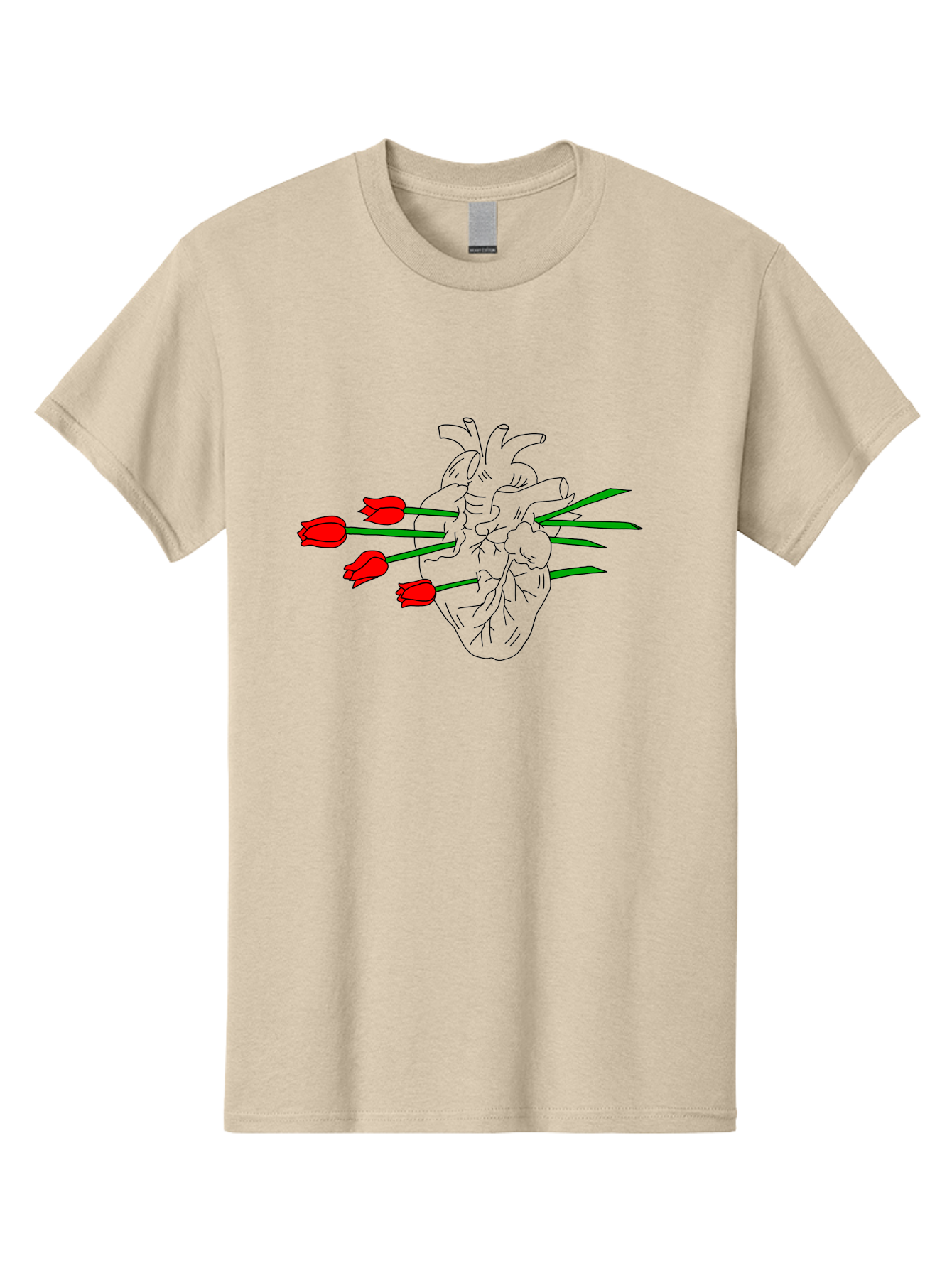 Heart-With-Tulips Men'S Graphic Tee, 100% Cotton, Comfortable Casual Summer Wear, Machine Washable, Human Heart, Anatomical Illustration, Tulips, Red Flowers, Daggers, Piercing, Love, Pain, Beauty, Contrast, Symbolic Art, - Aaa052