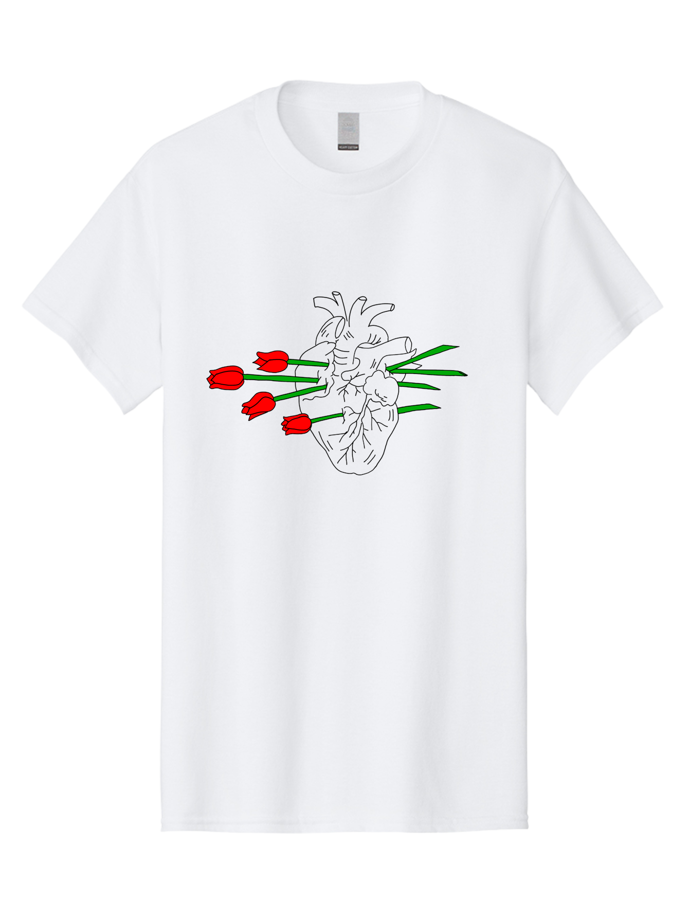 Heart-With-Tulips Men'S Graphic Tee, 100% Cotton, Comfortable Casual Summer Wear, Machine Washable, Human Heart, Anatomical Illustration, Tulips, Red Flowers, Daggers, Piercing, Love, Pain, Beauty, Contrast, Symbolic Art, - Aaa052