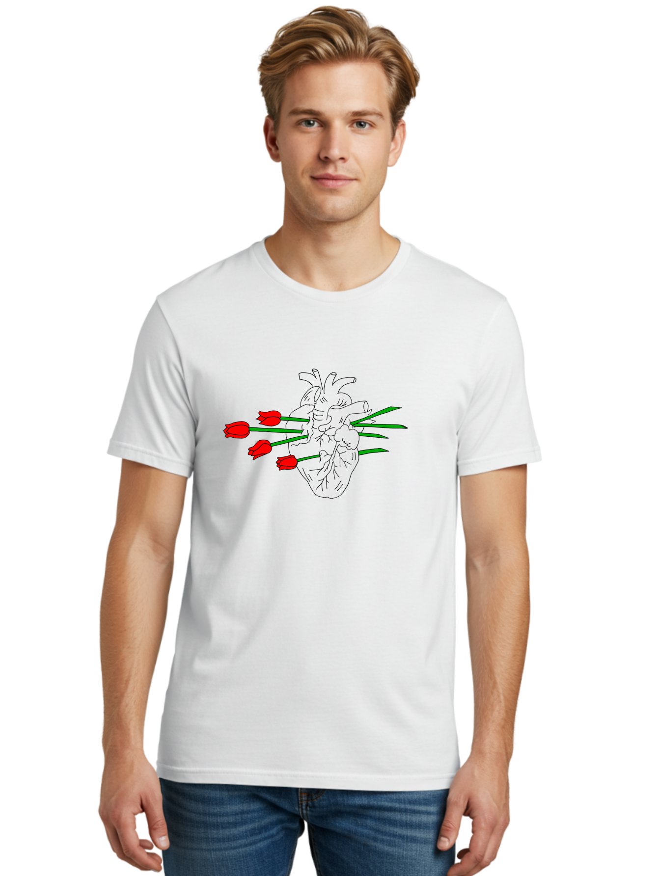 Heart-With-Tulips Men'S Graphic Tee, 100% Cotton, Comfortable Casual Summer Wear, Machine Washable, Human Heart, Anatomical Illustration, Tulips, Red Flowers, Daggers, Piercing, Love, Pain, Beauty, Contrast, Symbolic Art, - Aaa052