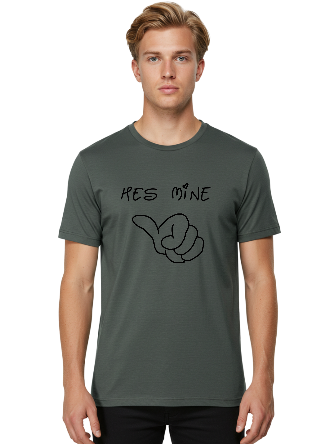 Hes-Mine Men'S Graphic Tee, 100% Cotton, Comfortable Casual Summer Wear, Machine Washable, Hand Gesture, Thumbs Up, Love Sign, Heart Symbol, Possessive Symbol, Quirky Art, Funny Graphics, Hand Drawn Illustration, Playful Design - Aaa053
