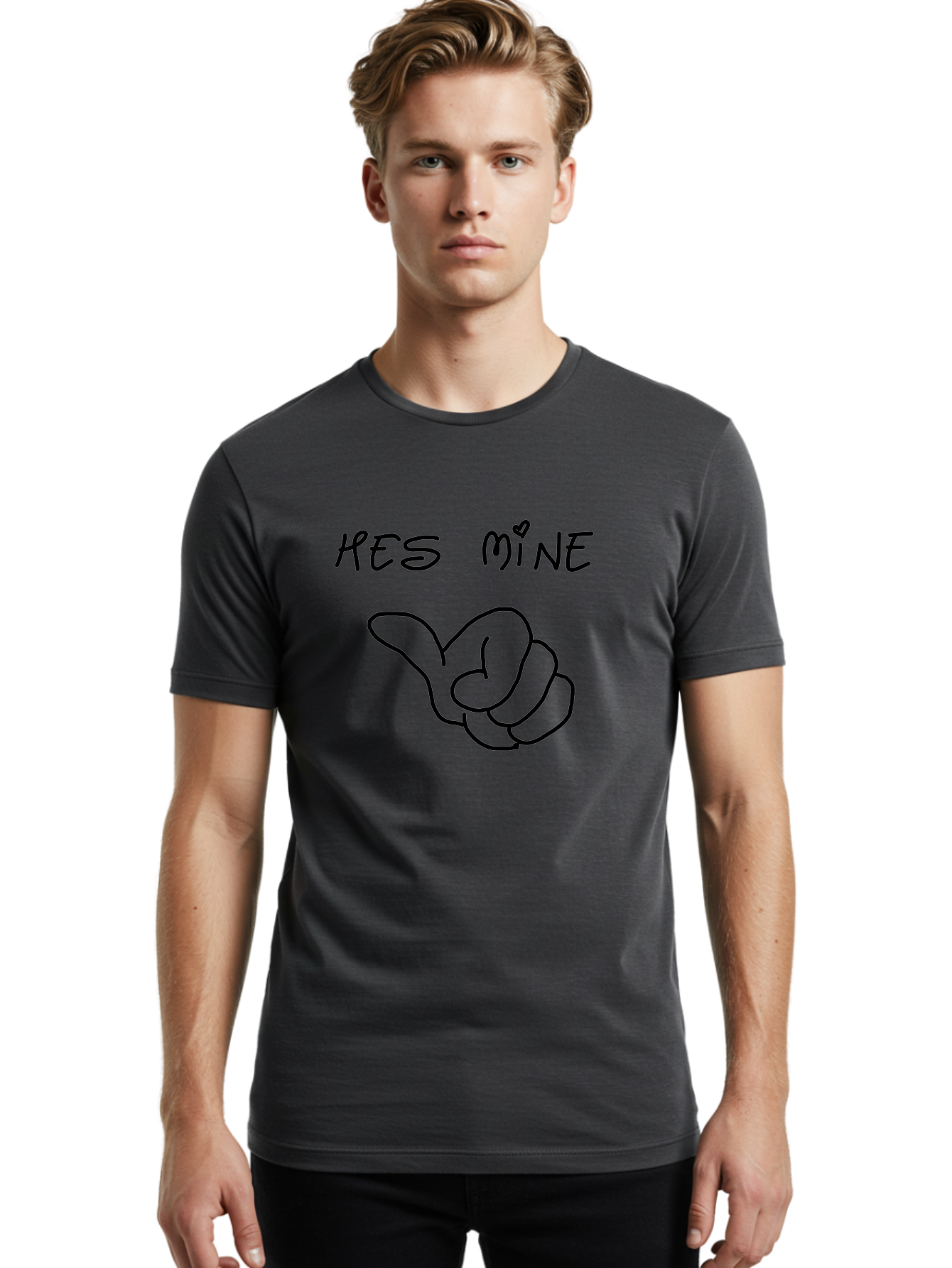 Hes-Mine Men'S Graphic Tee, 100% Cotton, Comfortable Casual Summer Wear, Machine Washable, Hand Gesture, Thumbs Up, Love Sign, Heart Symbol, Possessive Symbol, Quirky Art, Funny Graphics, Hand Drawn Illustration, Playful Design - Aaa053