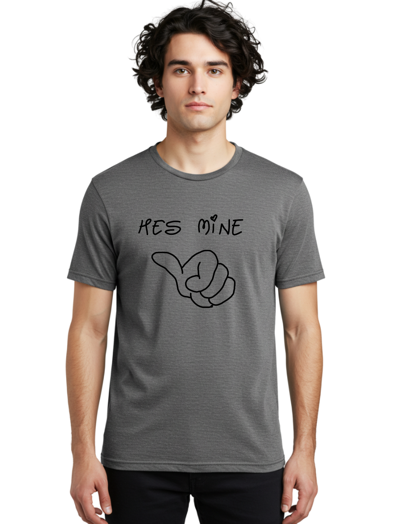 Hes-Mine Men'S Graphic Tee, 100% Cotton, Comfortable Casual Summer Wear, Machine Washable, Hand Gesture, Thumbs Up, Love Sign, Heart Symbol, Possessive Symbol, Quirky Art, Funny Graphics, Hand Drawn Illustration, Playful Design - Aaa053