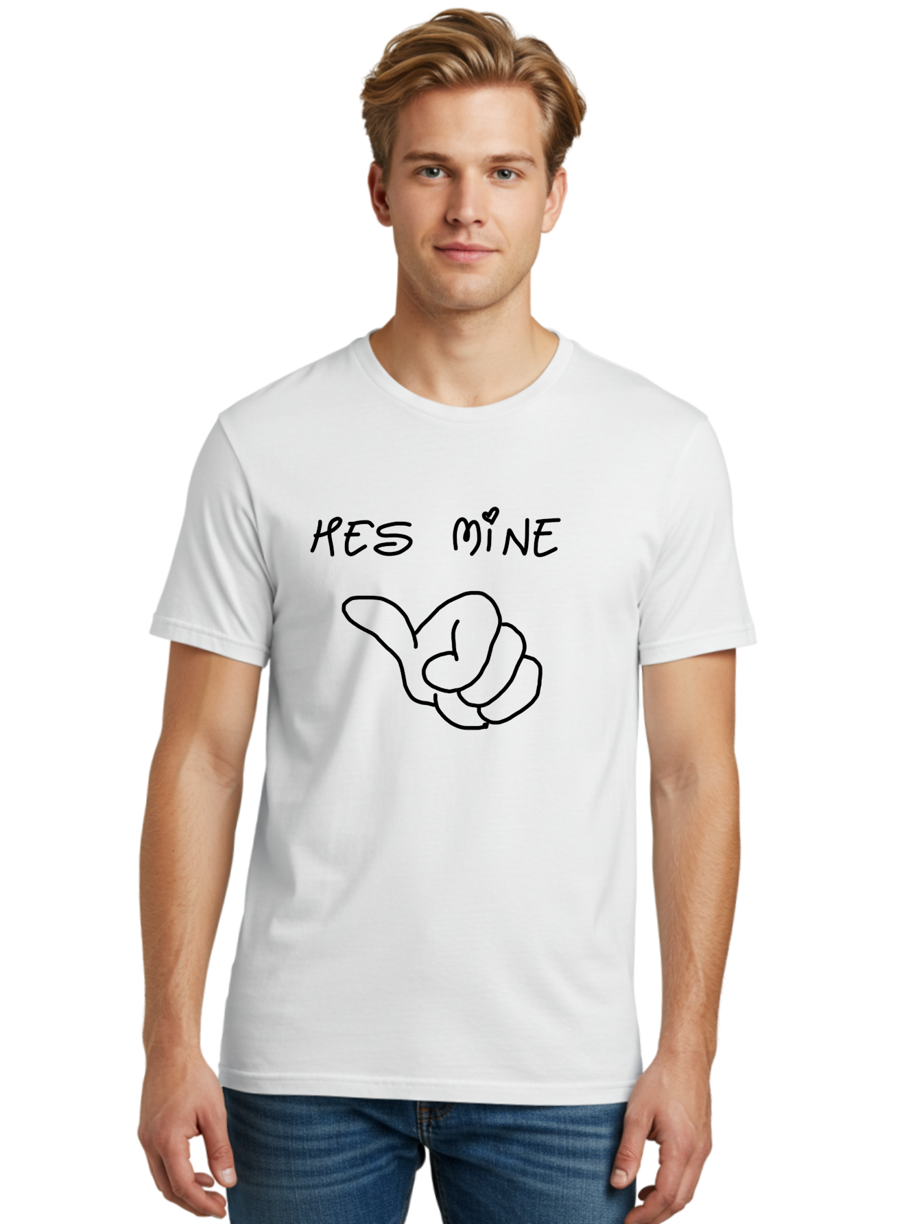 Hes-Mine Men'S Graphic Tee, 100% Cotton, Comfortable Casual Summer Wear, Machine Washable, Hand Gesture, Thumbs Up, Love Sign, Heart Symbol, Possessive Symbol, Quirky Art, Funny Graphics, Hand Drawn Illustration, Playful Design - Aaa053