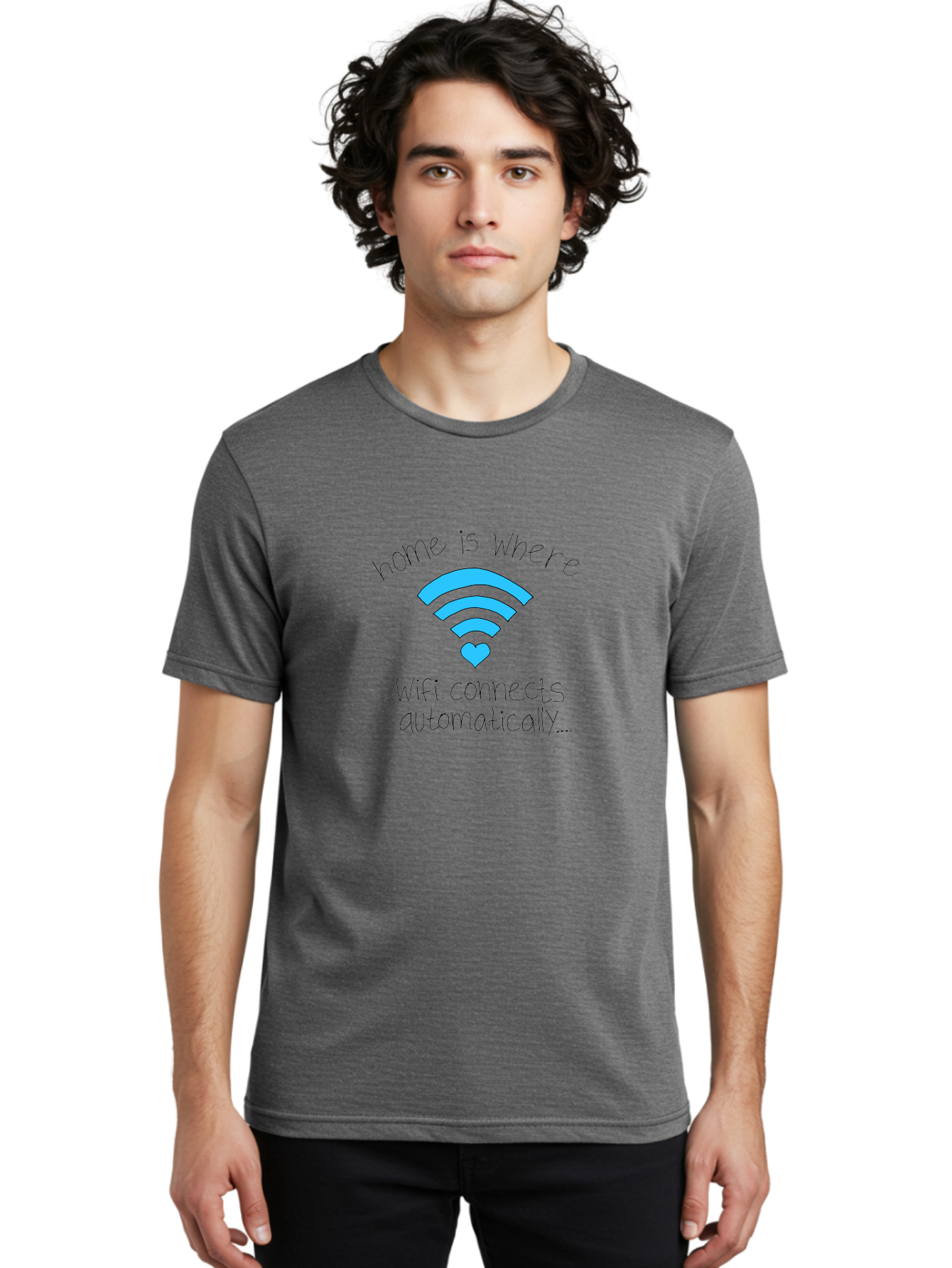 Home-Is-Where-Wifi-Connects-Automatically Men'S Graphic Tee, 100% Cotton, Comfortable Casual Summer Wear, Machine Washable, Wifi Symbol With Heart, Home Sweet Home, Wireless Connection, Digital Life, Humorous Quote, Quirky Design, - Aaa054