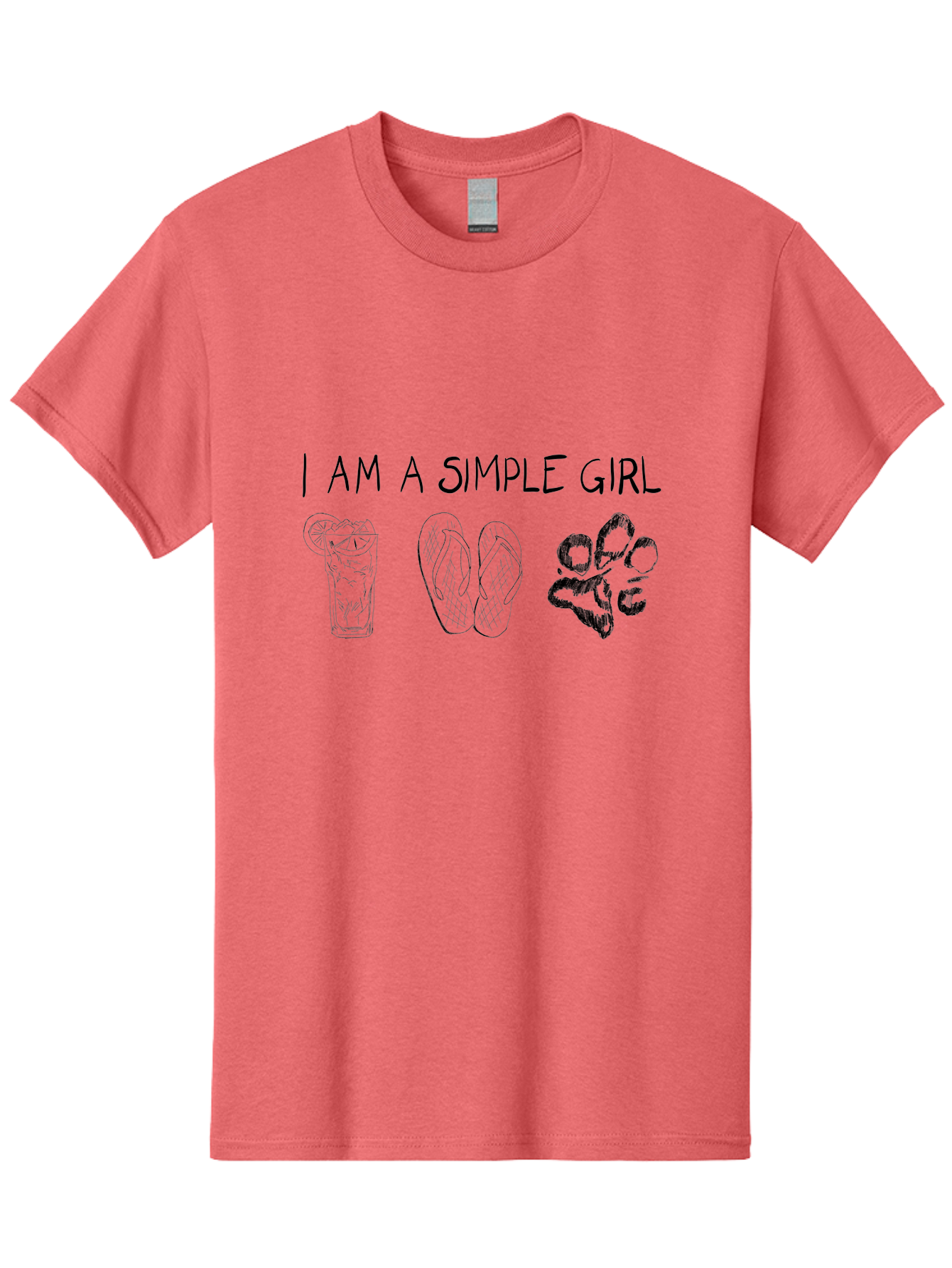 I-Am-A-Simple-Girl Men'S Graphic Tee, 100% Cotton, Comfortable Casual Summer Wear, Machine Washable, Simple Girl Quote, Cute Illustrations, Cocktail Drink, Flip Flops, Dog Paw, Casual Lifestyle, Relaxed Vibe, Fun Design - Aaa058