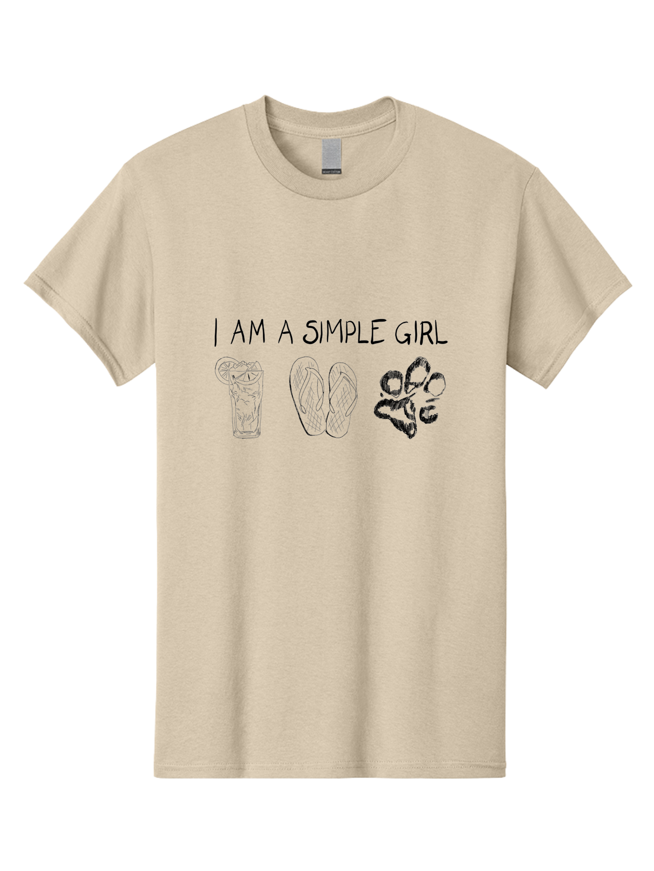 I-Am-A-Simple-Girl Men'S Graphic Tee, 100% Cotton, Comfortable Casual Summer Wear, Machine Washable, Simple Girl Quote, Cute Illustrations, Cocktail Drink, Flip Flops, Dog Paw, Casual Lifestyle, Relaxed Vibe, Fun Design - Aaa058