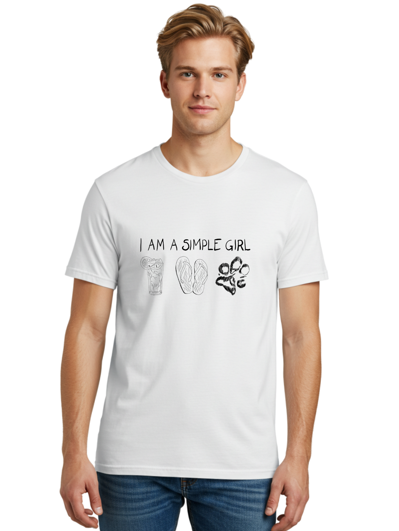 I-Am-A-Simple-Girl Men'S Graphic Tee, 100% Cotton, Comfortable Casual Summer Wear, Machine Washable, Simple Girl Quote, Cute Illustrations, Cocktail Drink, Flip Flops, Dog Paw, Casual Lifestyle, Relaxed Vibe, Fun Design - Aaa058