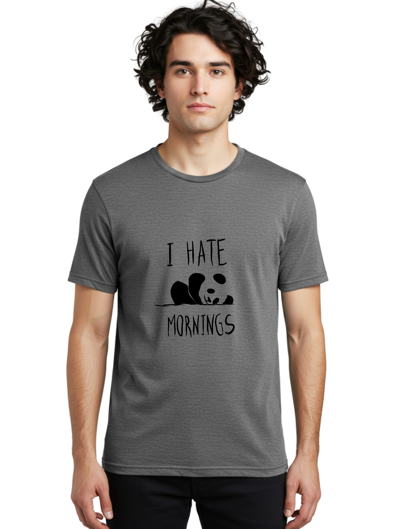I-Hate-Mornings Men'S Graphic Tee, 100% Cotton, Comfortable Casual Summer Wear, Machine Washable, Funny Quote, Morning Humor, Cartoon Panda, Grumpy Mood, Humorous Design, Inspirational Quote, Motivational Phrase, Cute Illustration - Aaa062