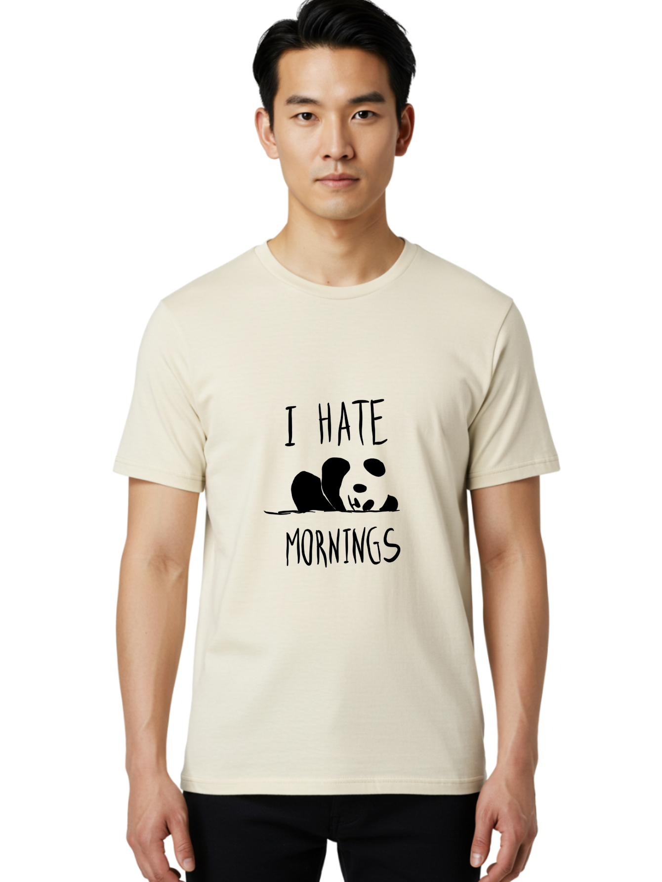 I-Hate-Mornings Men'S Graphic Tee, 100% Cotton, Comfortable Casual Summer Wear, Machine Washable, Funny Quote, Morning Humor, Cartoon Panda, Grumpy Mood, Humorous Design, Inspirational Quote, Motivational Phrase, Cute Illustration - Aaa062