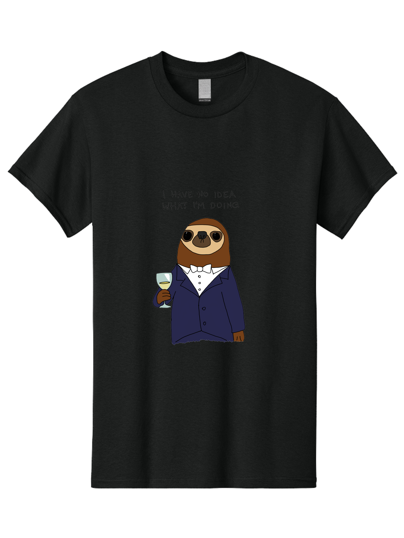 I-Have-No-Idea-What-I-M-Doing Men'S Graphic Tee, 100% Cotton, Comfortable Casual Summer Wear, Machine Washable, Sloth In Tuxedo, Holding Wine Glass, Humor, Funny Animal, Cartoon Character, Adult Beverage, Humorous Quote, Relatable Meme, - Aaa063