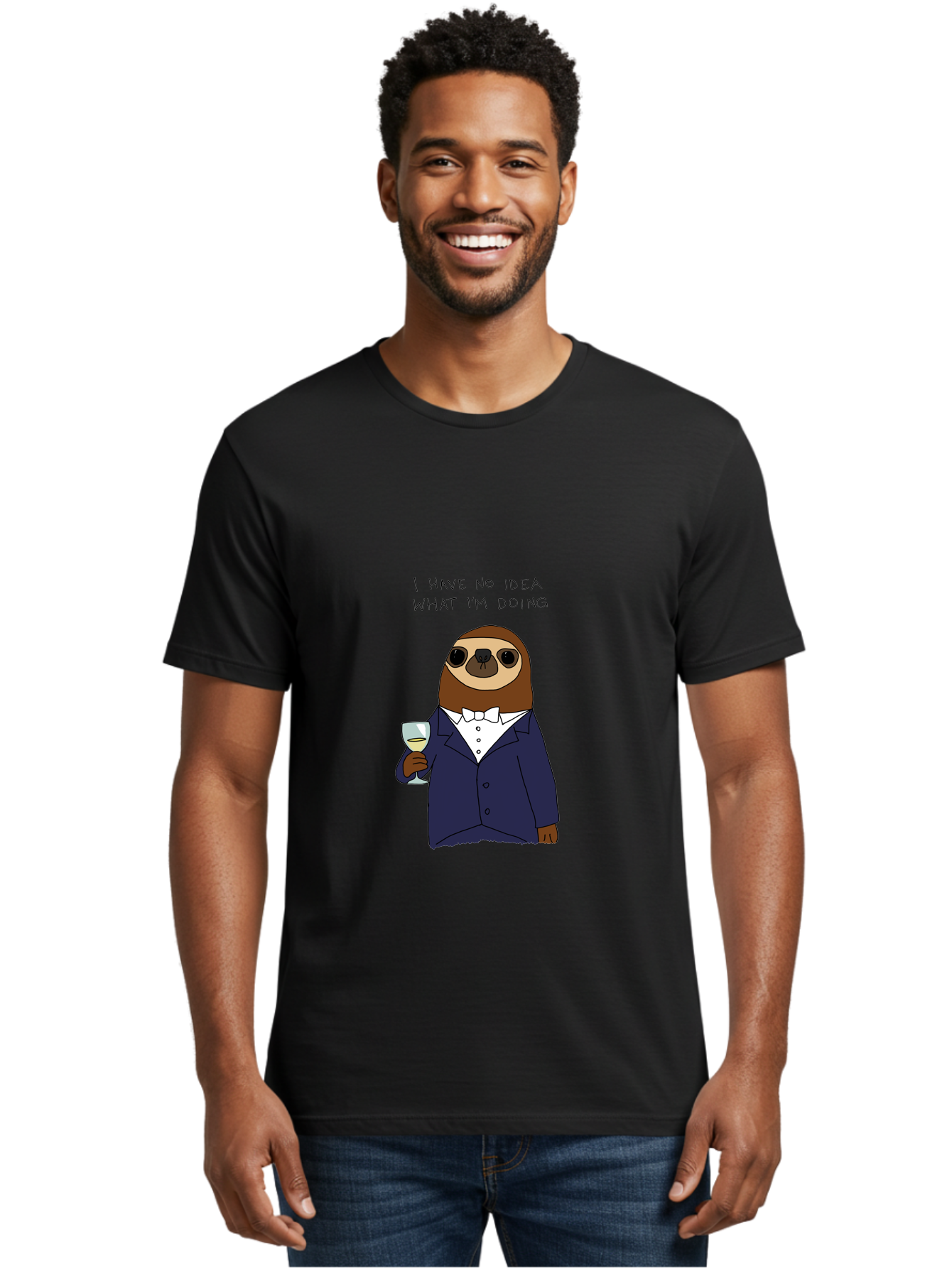 I-Have-No-Idea-What-I-M-Doing Men'S Graphic Tee, 100% Cotton, Comfortable Casual Summer Wear, Machine Washable, Sloth In Tuxedo, Holding Wine Glass, Humor, Funny Animal, Cartoon Character, Adult Beverage, Humorous Quote, Relatable Meme, - Aaa063