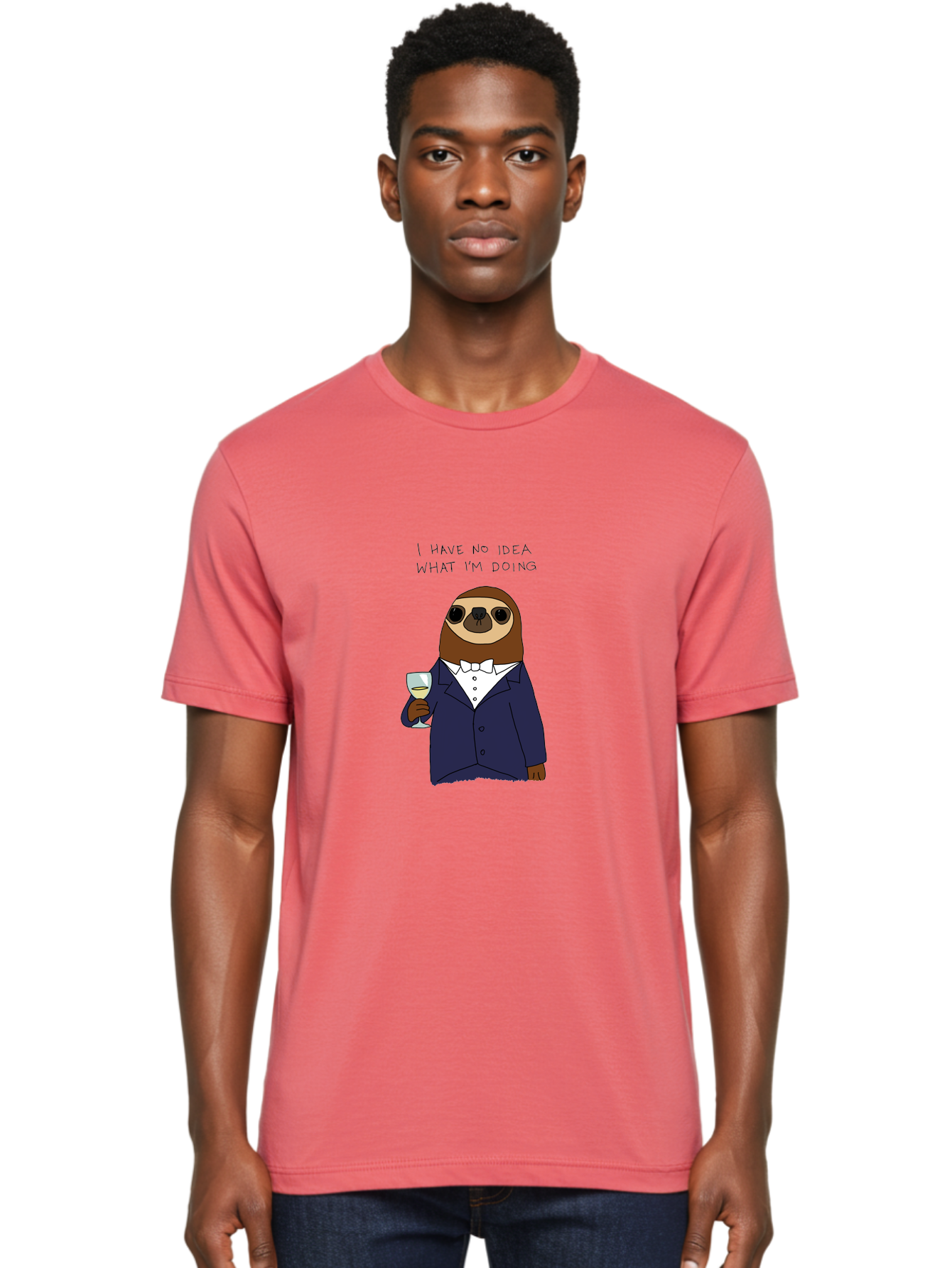I-Have-No-Idea-What-I-M-Doing Men'S Graphic Tee, 100% Cotton, Comfortable Casual Summer Wear, Machine Washable, Sloth In Tuxedo, Holding Wine Glass, Humor, Funny Animal, Cartoon Character, Adult Beverage, Humorous Quote, Relatable Meme, - Aaa063