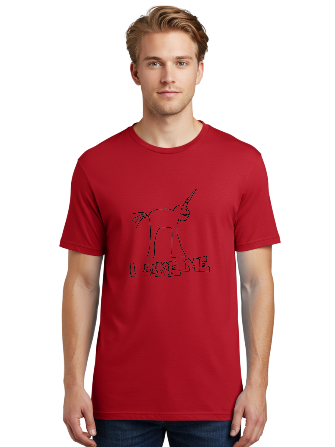 I-Like-Me Men'S Graphic Tee, 100% Cotton, Comfortable Casual Summer Wear, Machine Washable, Stick Figure Unicorn, Smiling Face, Self-Love, Positivity, Quirky Art, Whimsical Design, Cartoon Character, Illustration, I Like Me Text - Aaa066