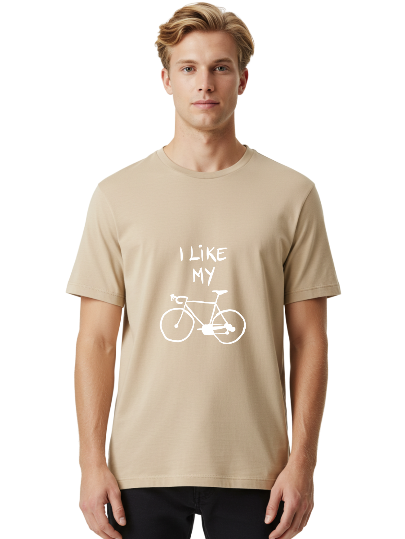 I-Like-My-Bicycle Men'S Graphic Tee, 100% Cotton, Comfortable Casual Summer Wear, Machine Washable, Cycling Culture, Bike Enthusiasts, Love For Cycling, Bicycle Appreciation, Fun Graphic, Simple Design, White Bicycle - Aaa067