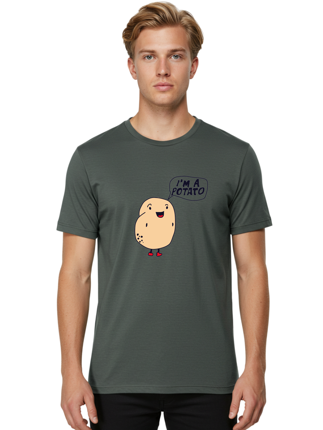I-M-A-Potato Men'S Graphic Tee, 100% Cotton, Comfortable Casual Summer Wear, Machine Washable, I'M A Potato, Cartoon Potato, Smiling Potato, Speech Bubble, Humorous Character, Cute Illustration, Funny Graphic, Playful Design, - Aaa070
