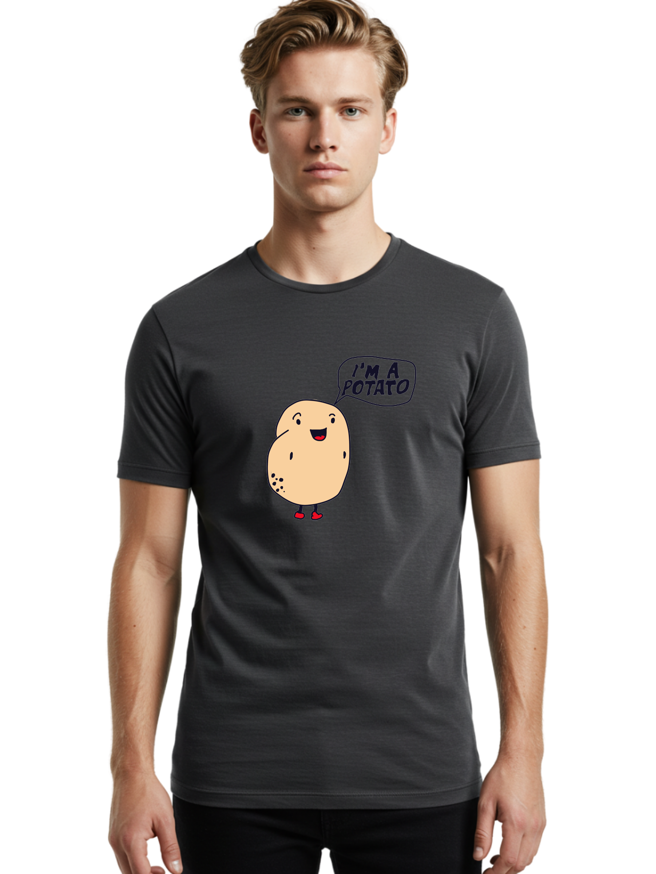 I-M-A-Potato Men'S Graphic Tee, 100% Cotton, Comfortable Casual Summer Wear, Machine Washable, I'M A Potato, Cartoon Potato, Smiling Potato, Speech Bubble, Humorous Character, Cute Illustration, Funny Graphic, Playful Design, - Aaa070