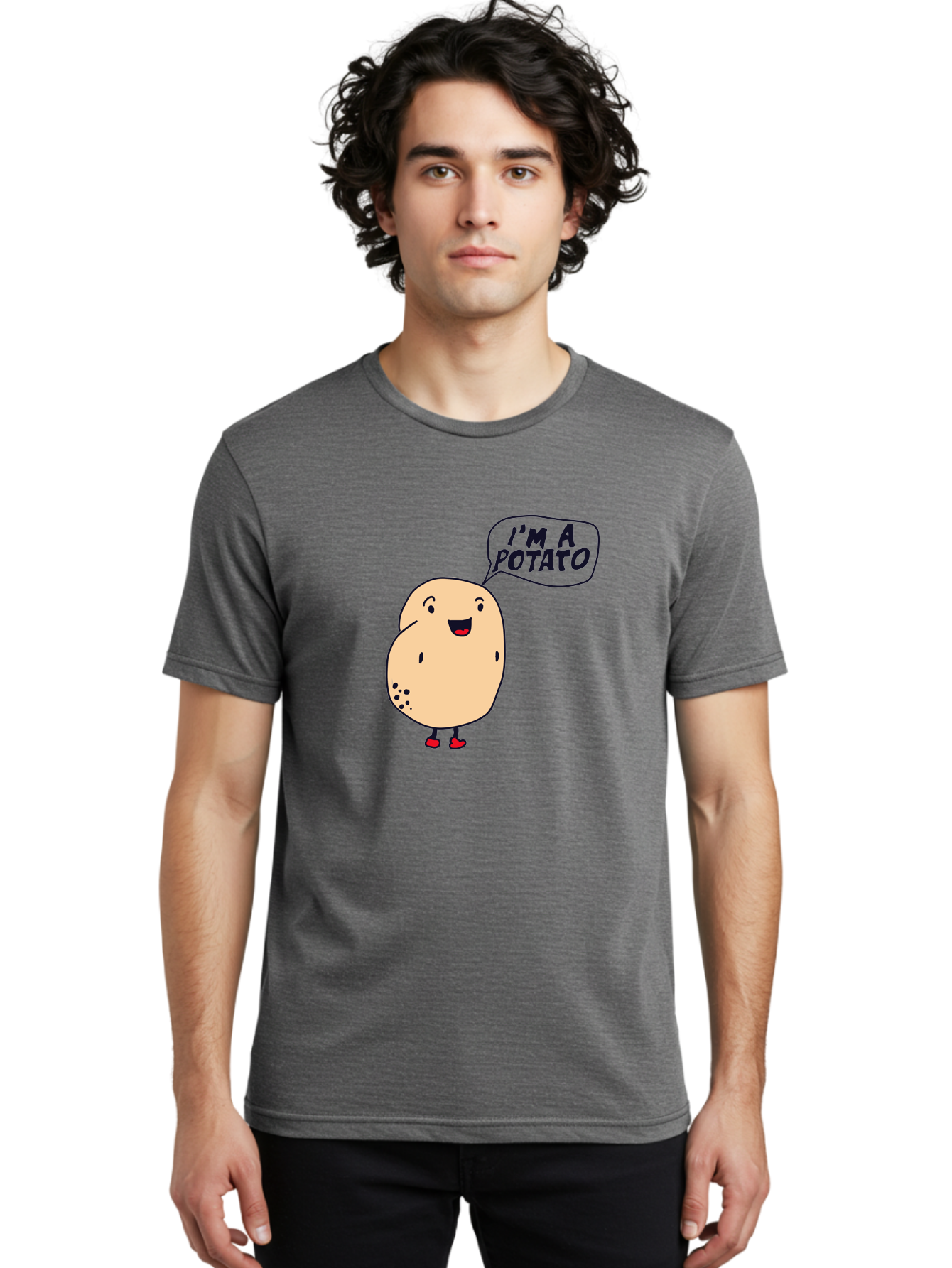 I-M-A-Potato Men'S Graphic Tee, 100% Cotton, Comfortable Casual Summer Wear, Machine Washable, I'M A Potato, Cartoon Potato, Smiling Potato, Speech Bubble, Humorous Character, Cute Illustration, Funny Graphic, Playful Design, - Aaa070