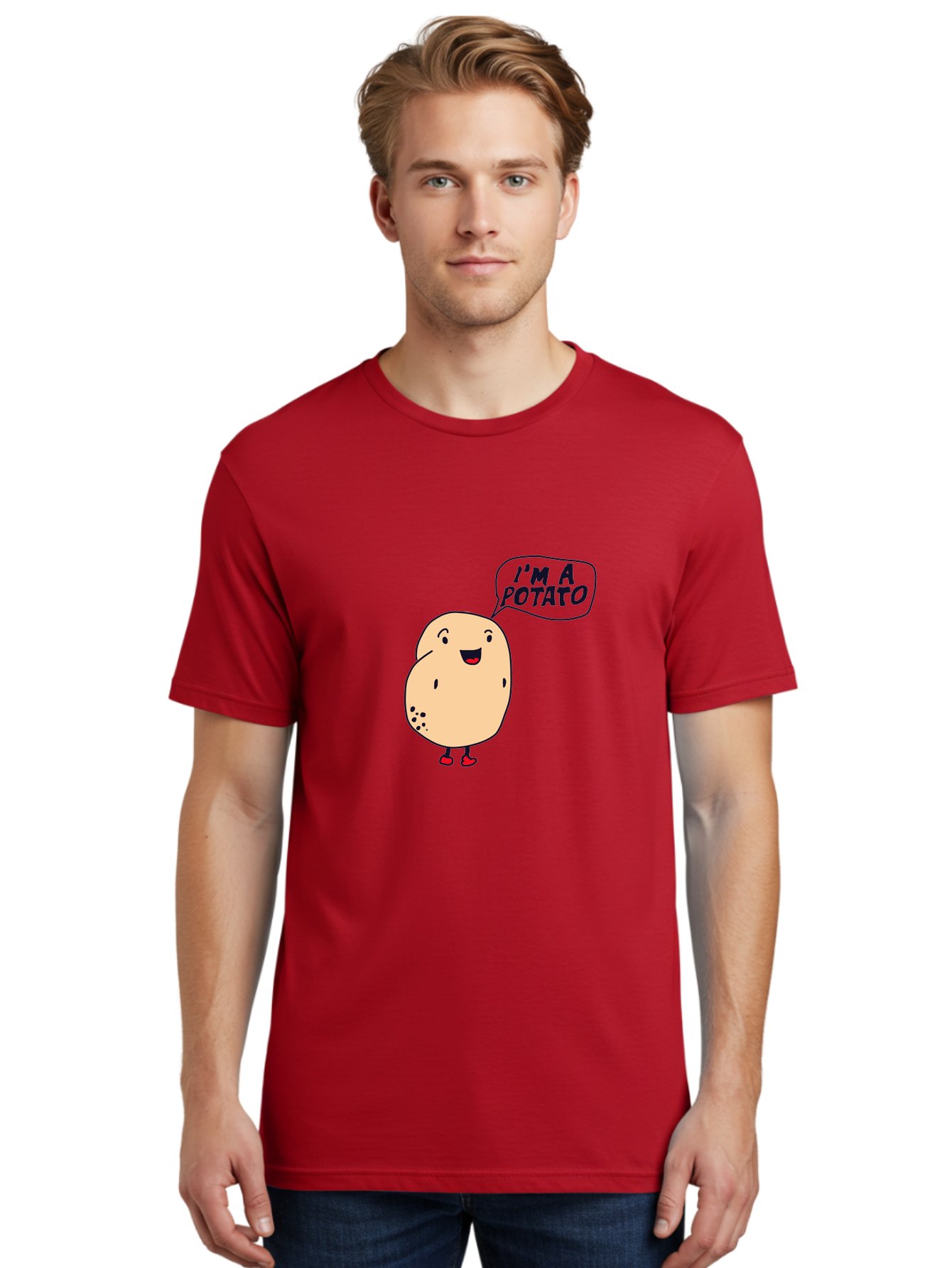 I-M-A-Potato Men'S Graphic Tee, 100% Cotton, Comfortable Casual Summer Wear, Machine Washable, I'M A Potato, Cartoon Potato, Smiling Potato, Speech Bubble, Humorous Character, Cute Illustration, Funny Graphic, Playful Design, - Aaa070