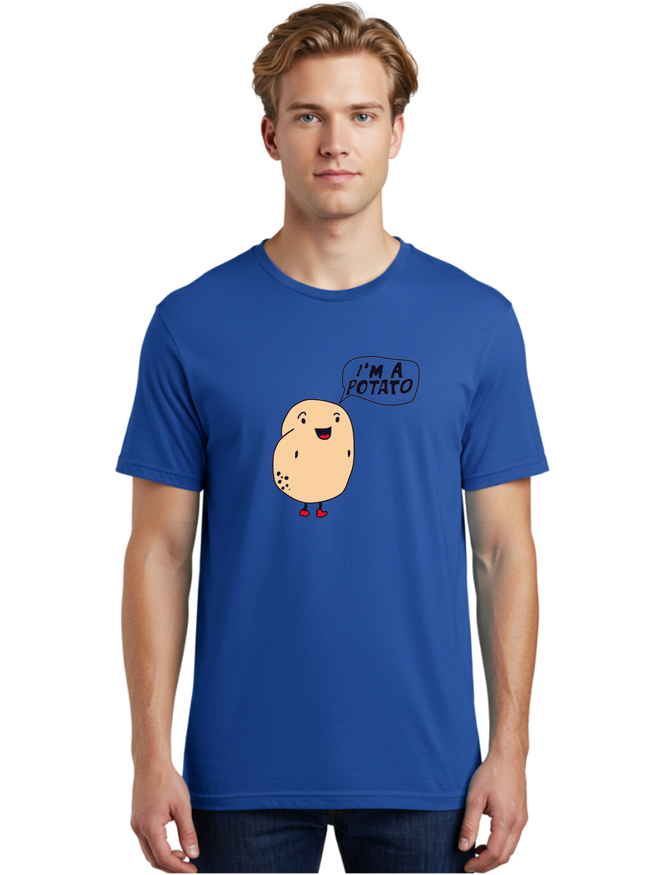I-M-A-Potato Men'S Graphic Tee, 100% Cotton, Comfortable Casual Summer Wear, Machine Washable, I'M A Potato, Cartoon Potato, Smiling Potato, Speech Bubble, Humorous Character, Cute Illustration, Funny Graphic, Playful Design, - Aaa070