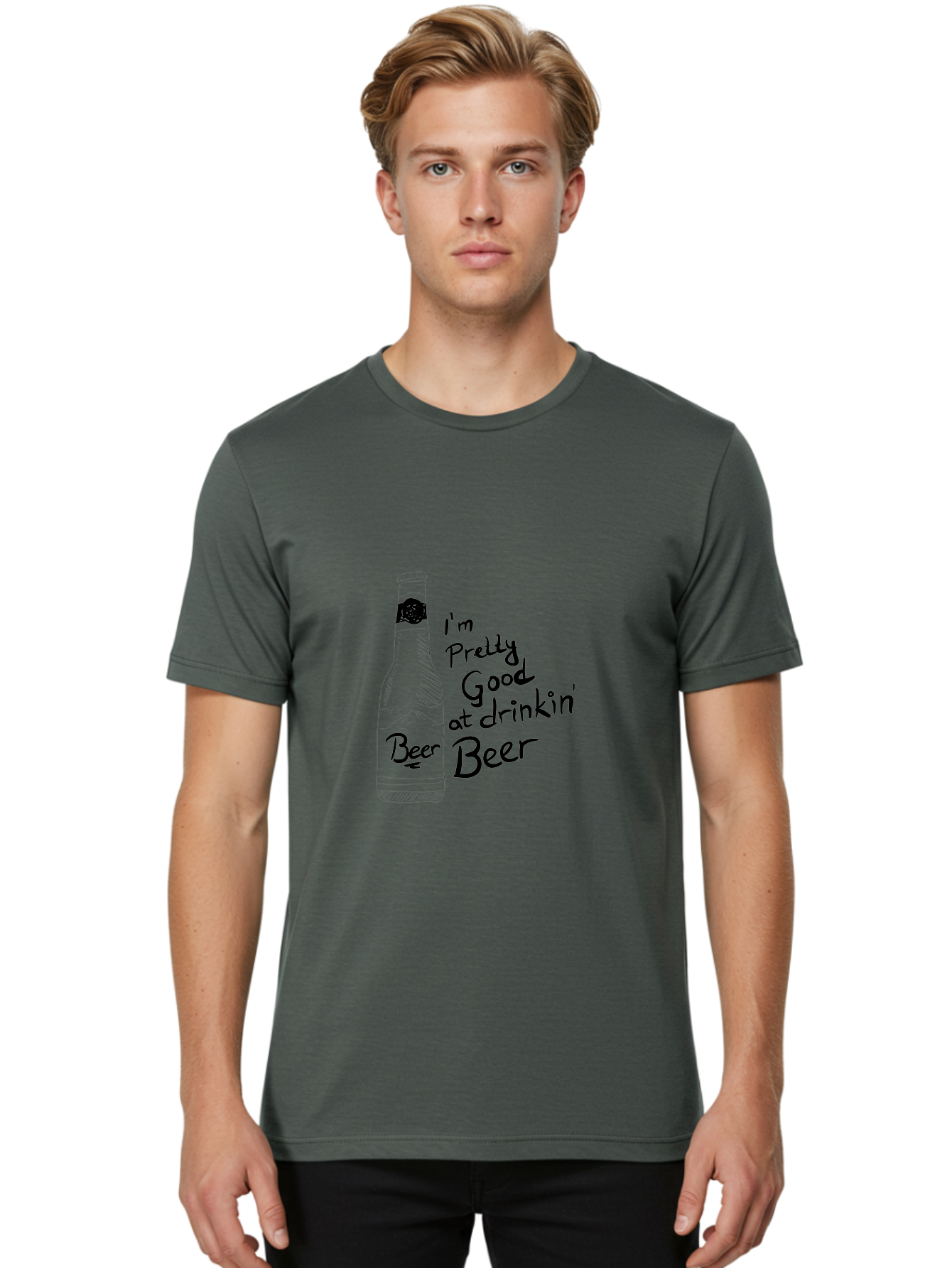 I-M-Pretty-Good-At-Drinkin-Beer Men'S Graphic Tee, 100% Cotton, Comfortable Casual Summer Wear, Machine Washable, Funny Quote, Beer Bottle, Humorous Saying, Sarcastic Humor, Drinking Joke, Beer Lover, Hand Drawn Illustration - Aaa072