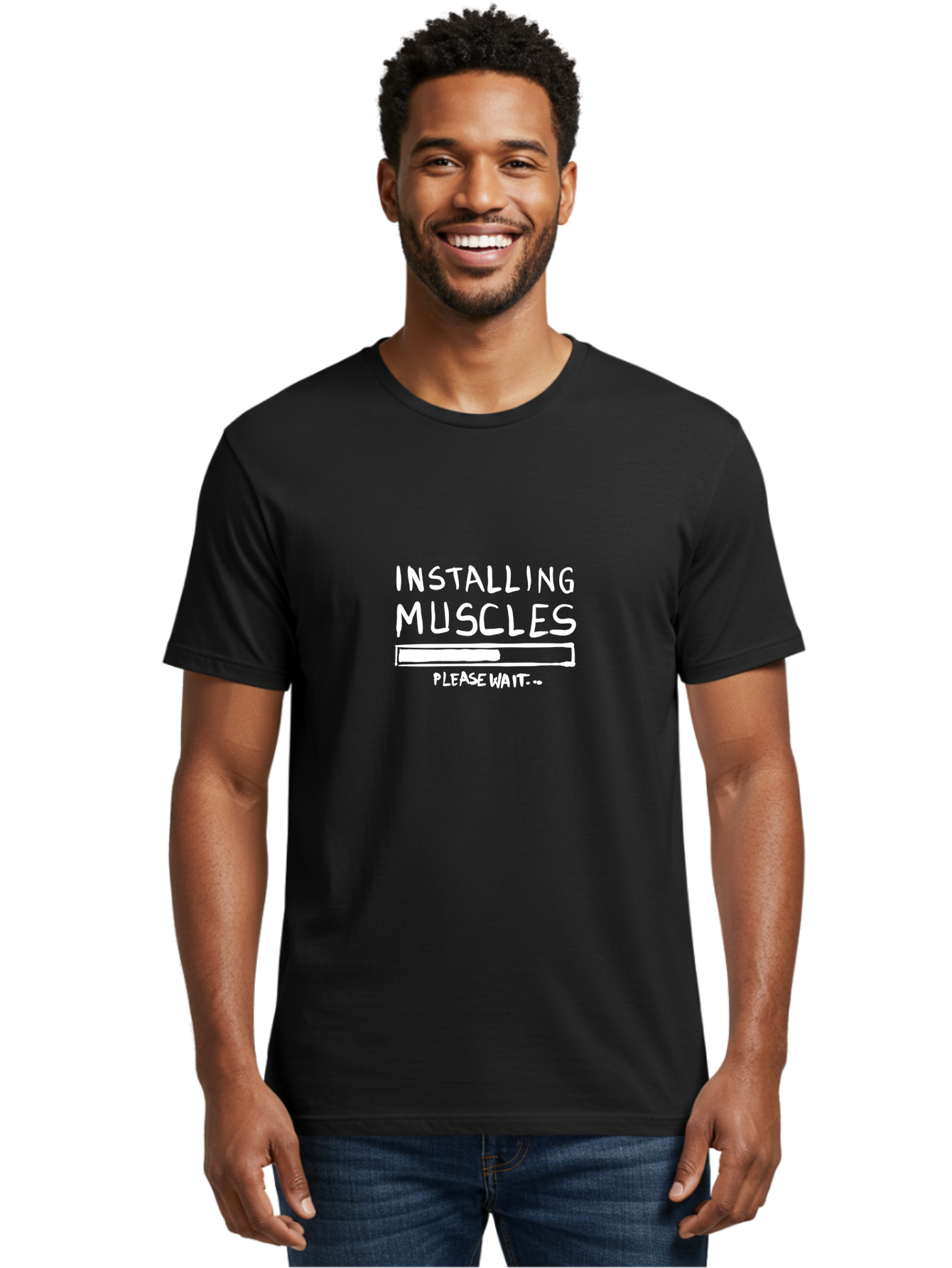 Installing-Muscles Men'S Graphic Tee, 100% Cotton, Comfortable Casual Summer Wear, Machine Washable, Installing Muscles, Gym Humor, Fitness Motivation, Progress Bar, Workout Joke, Please Wait, Fitness Quote - Aaa081