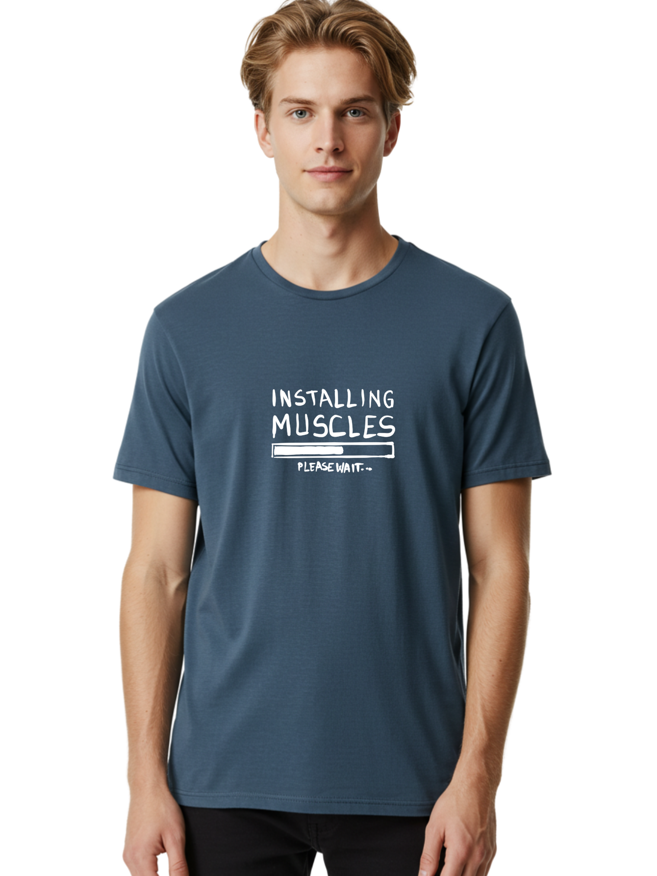 Installing-Muscles Men'S Graphic Tee, 100% Cotton, Comfortable Casual Summer Wear, Machine Washable, Installing Muscles, Gym Humor, Fitness Motivation, Progress Bar, Workout Joke, Please Wait, Fitness Quote - Aaa081