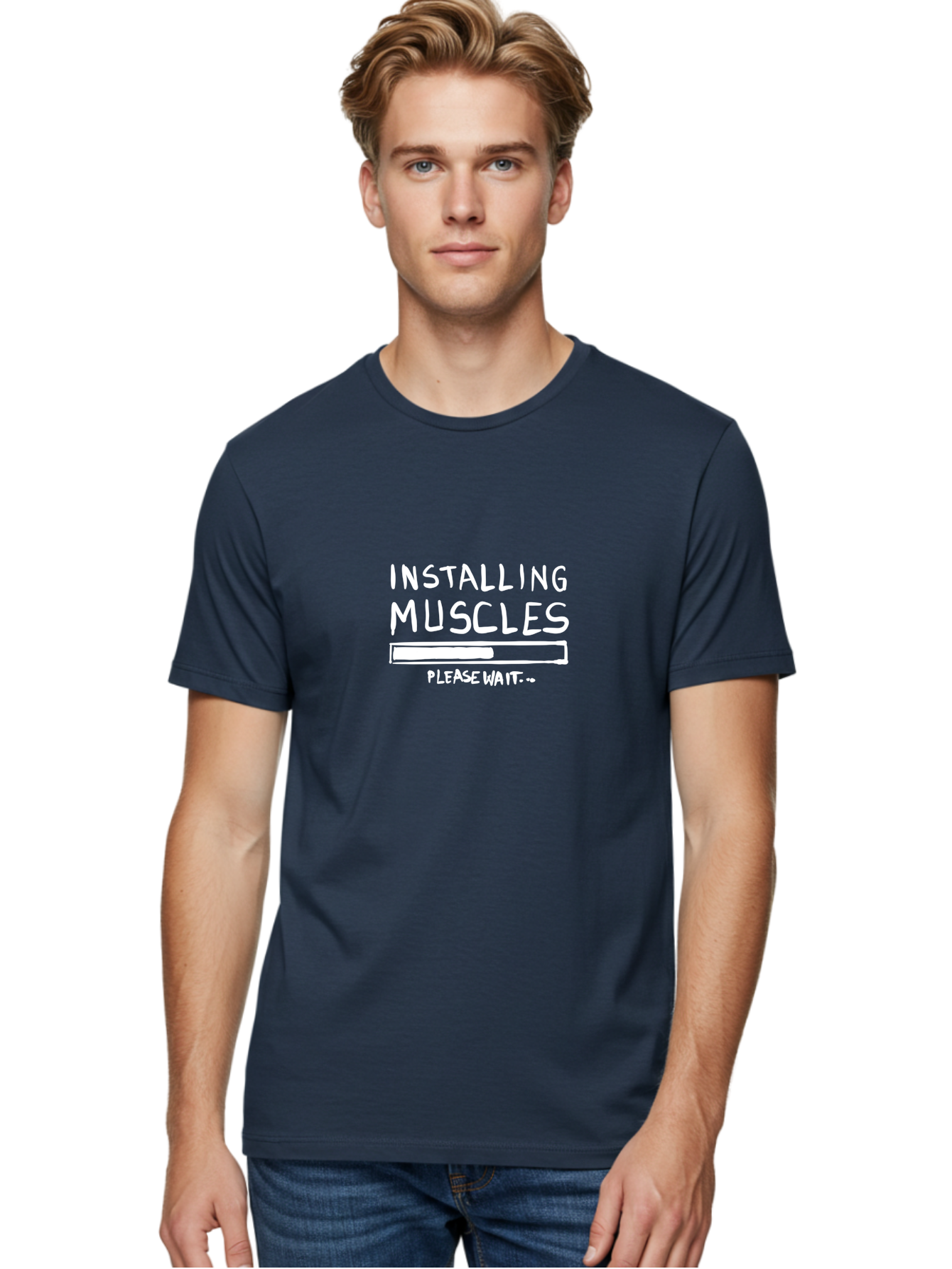 Installing-Muscles Men'S Graphic Tee, 100% Cotton, Comfortable Casual Summer Wear, Machine Washable, Installing Muscles, Gym Humor, Fitness Motivation, Progress Bar, Workout Joke, Please Wait, Fitness Quote - Aaa081