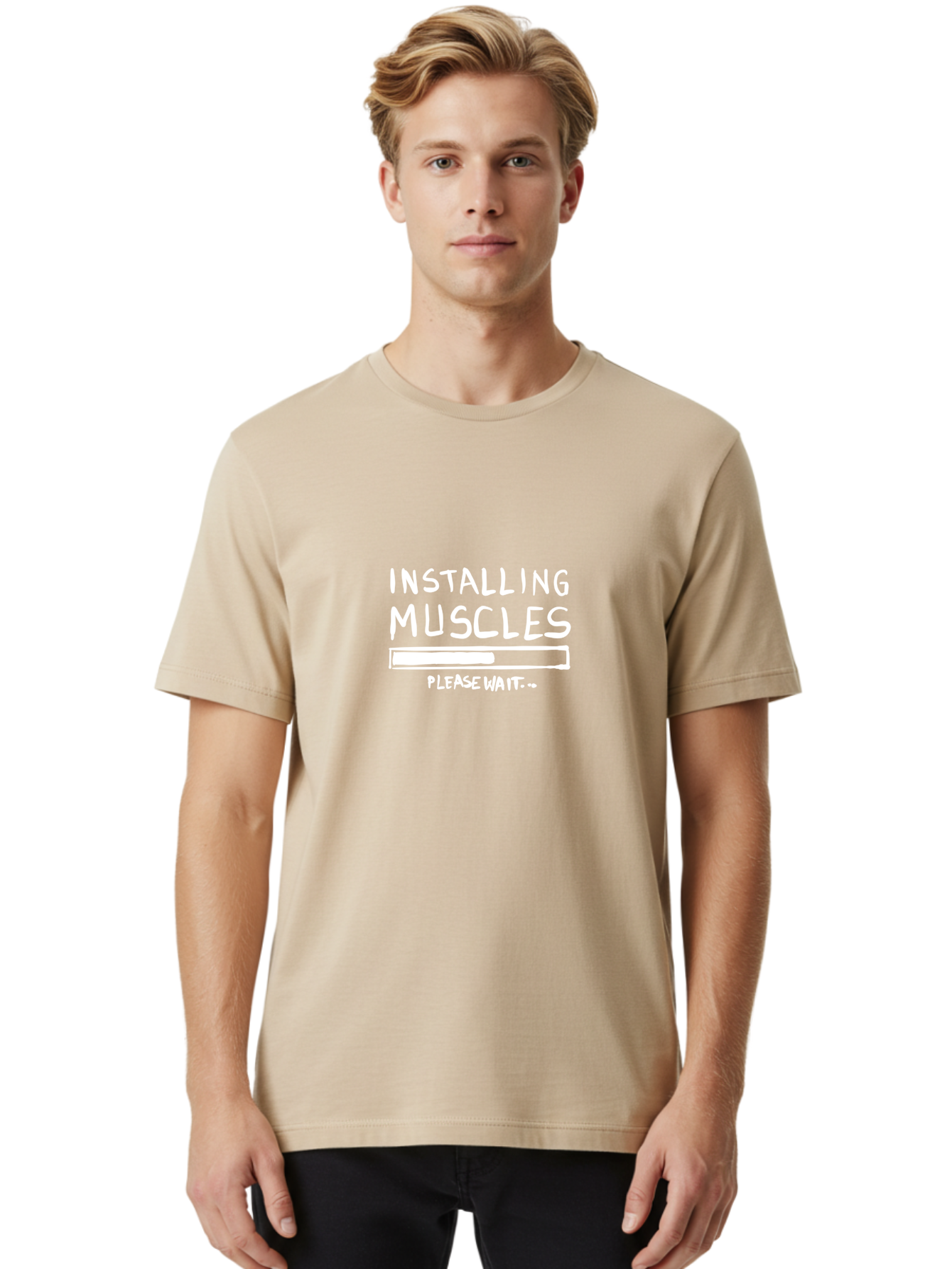 Installing-Muscles Men'S Graphic Tee, 100% Cotton, Comfortable Casual Summer Wear, Machine Washable, Installing Muscles, Gym Humor, Fitness Motivation, Progress Bar, Workout Joke, Please Wait, Fitness Quote - Aaa081