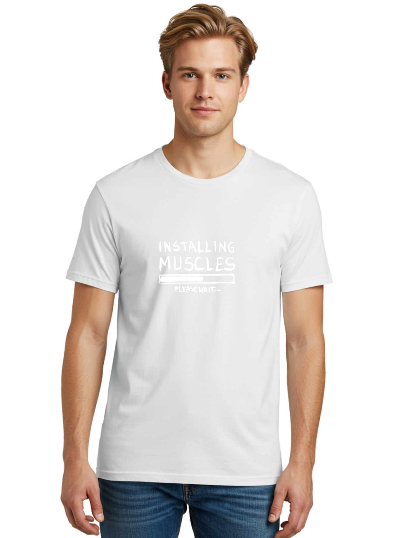 Installing-Muscles Men'S Graphic Tee, 100% Cotton, Comfortable Casual Summer Wear, Machine Washable, Installing Muscles, Gym Humor, Fitness Motivation, Progress Bar, Workout Joke, Please Wait, Fitness Quote - Aaa081