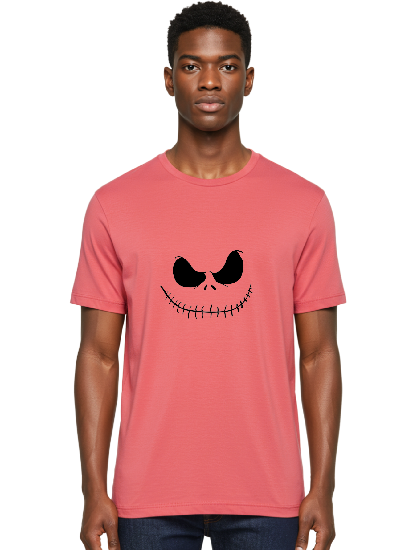 Jack-Skellington-Face Men'S Graphic Tee, 100% Cotton, Comfortable Casual Summer Wear, Machine Washable, Jack Skellington Face, The Nightmare Before Christmas Character, Spooky Face, Black Silhouette, Stitched Smile, Halloween Icon, - Aaa083