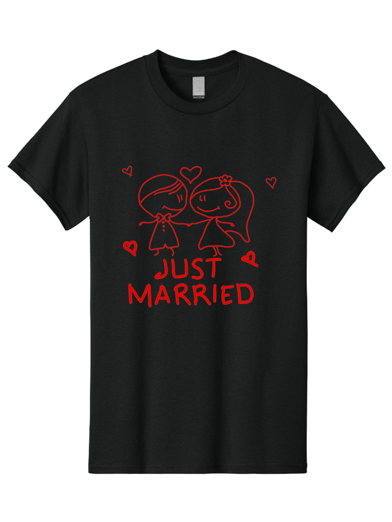 Just-Married Men'S Graphic Tee, 100% Cotton, Comfortable Casual Summer Wear, Machine Washable, Newlywed Couple, Cartoon Bride And Groom, Love Hearts, Red Text, Hand Drawn Illustration, Wedding Celebration, Sweethearts Together, Romantic Art - Aaa084