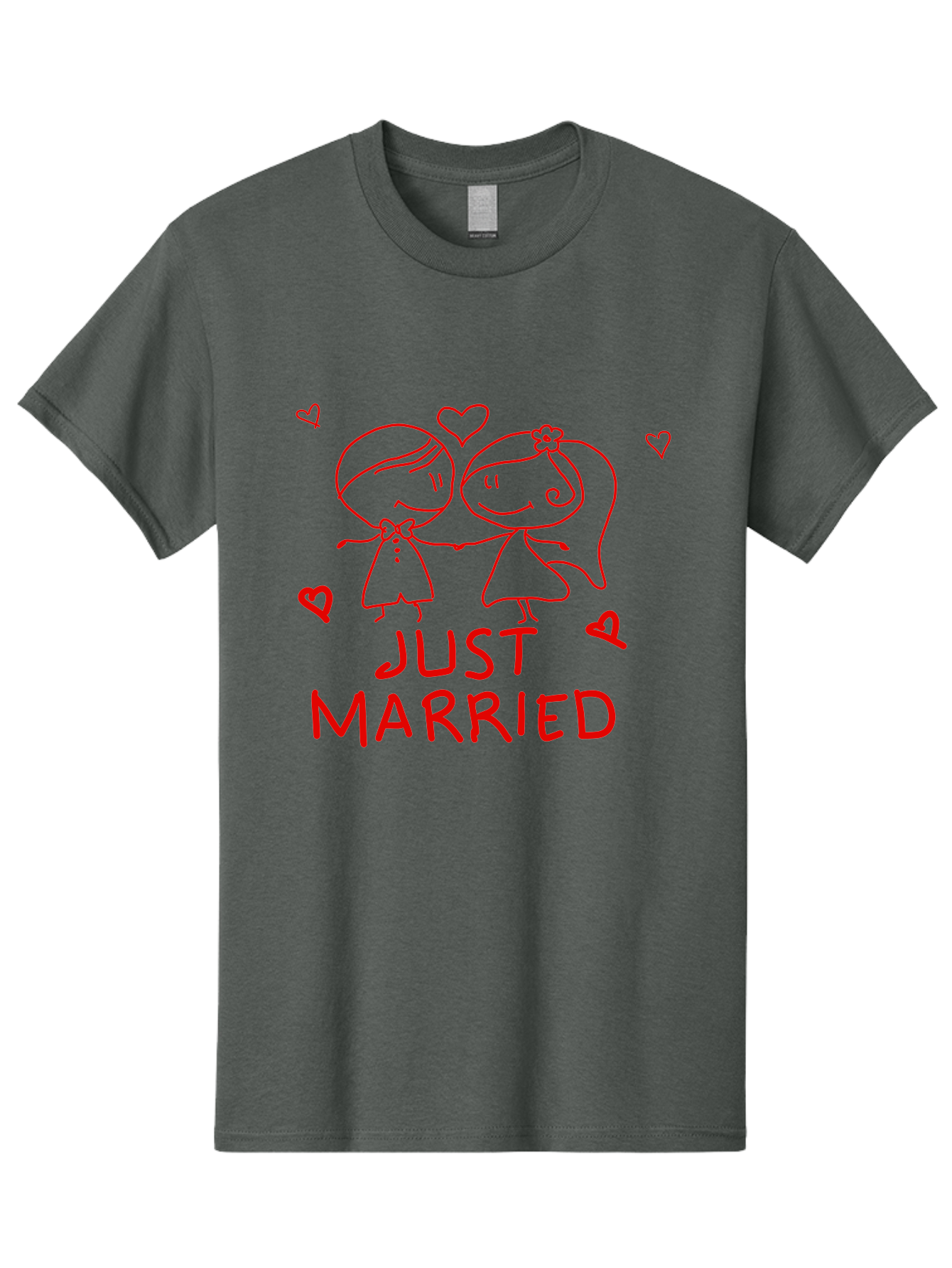Just-Married Men'S Graphic Tee, 100% Cotton, Comfortable Casual Summer Wear, Machine Washable, Newlywed Couple, Cartoon Bride And Groom, Love Hearts, Red Text, Hand Drawn Illustration, Wedding Celebration, Sweethearts Together, Romantic Art - Aaa084