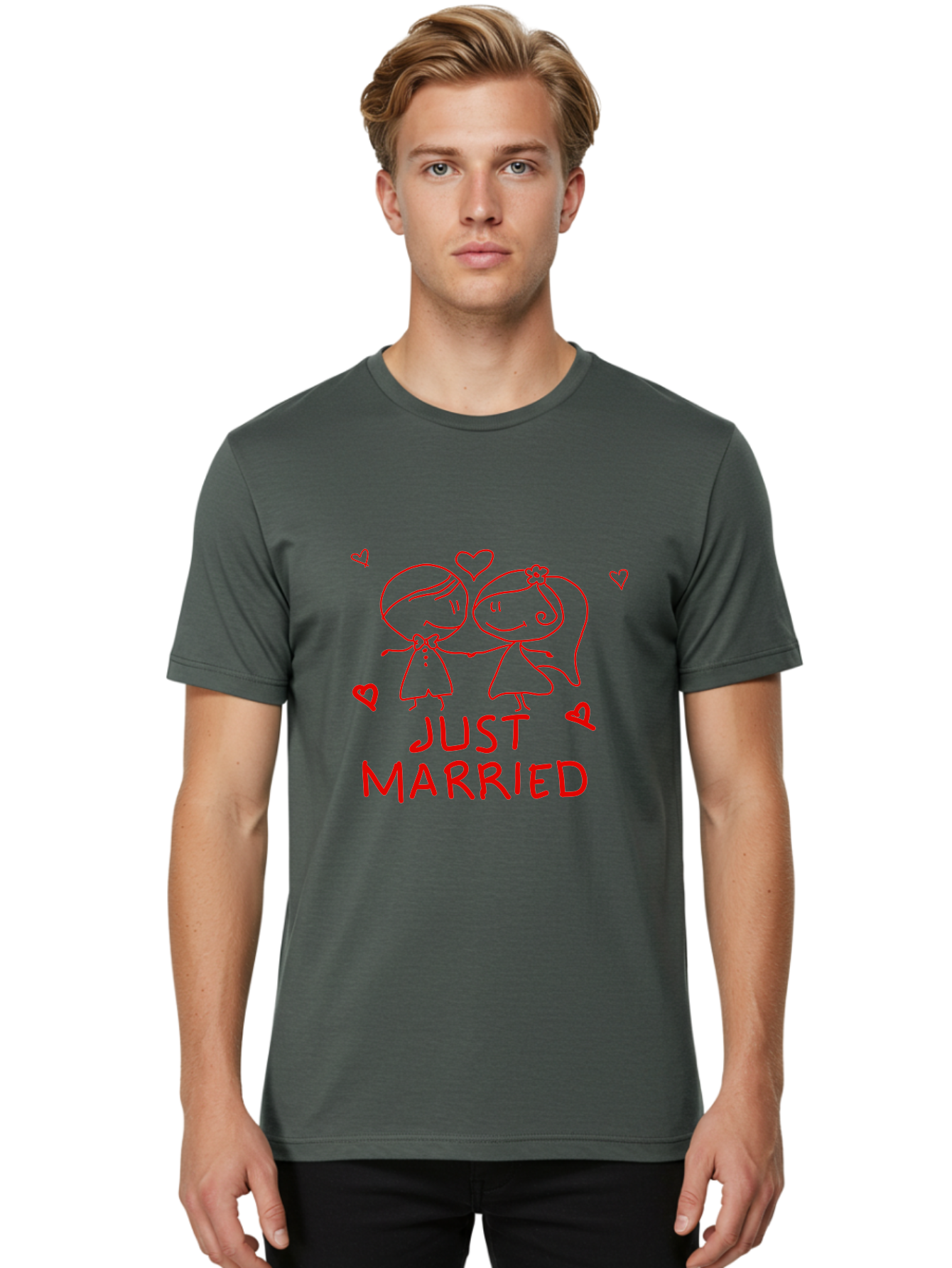 Just-Married Men'S Graphic Tee, 100% Cotton, Comfortable Casual Summer Wear, Machine Washable, Newlywed Couple, Cartoon Bride And Groom, Love Hearts, Red Text, Hand Drawn Illustration, Wedding Celebration, Sweethearts Together, Romantic Art - Aaa084