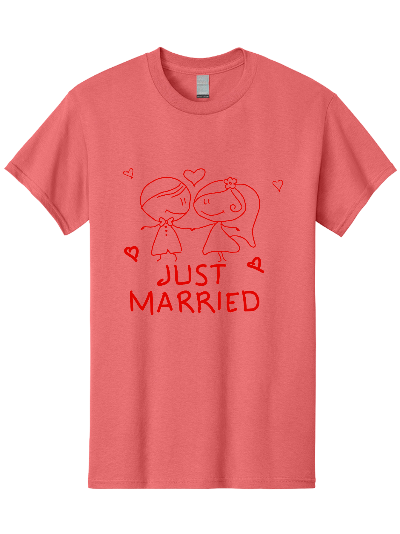 Just-Married Men'S Graphic Tee, 100% Cotton, Comfortable Casual Summer Wear, Machine Washable, Newlywed Couple, Cartoon Bride And Groom, Love Hearts, Red Text, Hand Drawn Illustration, Wedding Celebration, Sweethearts Together, Romantic Art - Aaa084