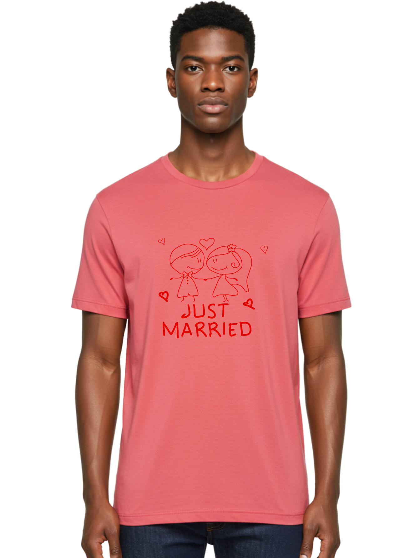 Just-Married Men'S Graphic Tee, 100% Cotton, Comfortable Casual Summer Wear, Machine Washable, Newlywed Couple, Cartoon Bride And Groom, Love Hearts, Red Text, Hand Drawn Illustration, Wedding Celebration, Sweethearts Together, Romantic Art - Aaa084