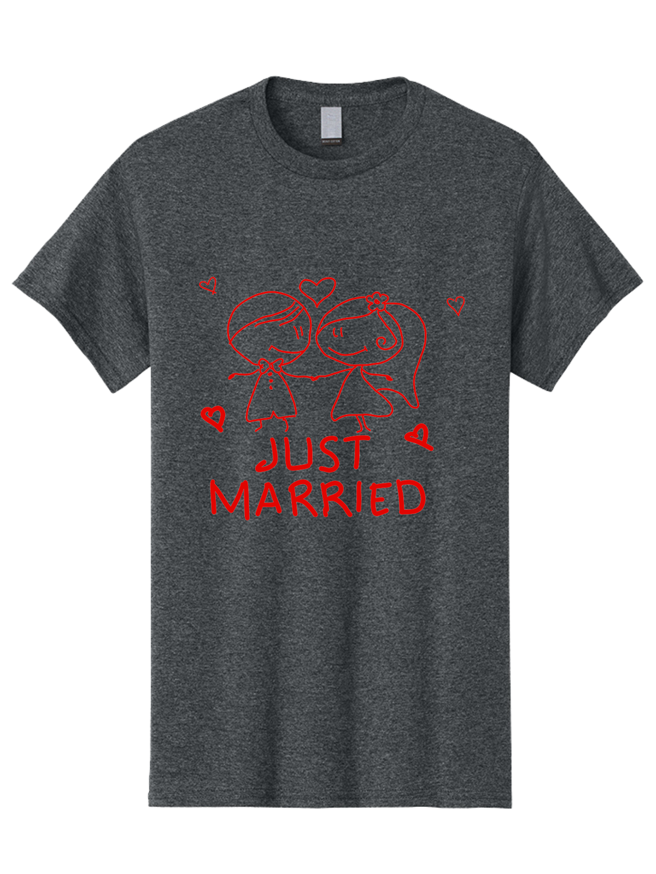 Just-Married Men'S Graphic Tee, 100% Cotton, Comfortable Casual Summer Wear, Machine Washable, Newlywed Couple, Cartoon Bride And Groom, Love Hearts, Red Text, Hand Drawn Illustration, Wedding Celebration, Sweethearts Together, Romantic Art - Aaa084