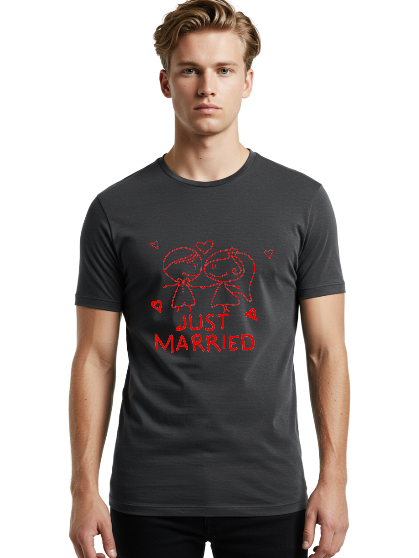 Just-Married Men'S Graphic Tee, 100% Cotton, Comfortable Casual Summer Wear, Machine Washable, Newlywed Couple, Cartoon Bride And Groom, Love Hearts, Red Text, Hand Drawn Illustration, Wedding Celebration, Sweethearts Together, Romantic Art - Aaa084